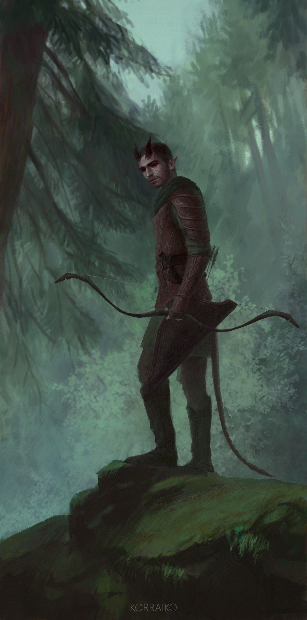 The illustration depicts a ranger, male. The man has gray skin and horns on his head. He wears brown leather armor and holds a bow in his left hand. A coniferous forest is depicted in the background