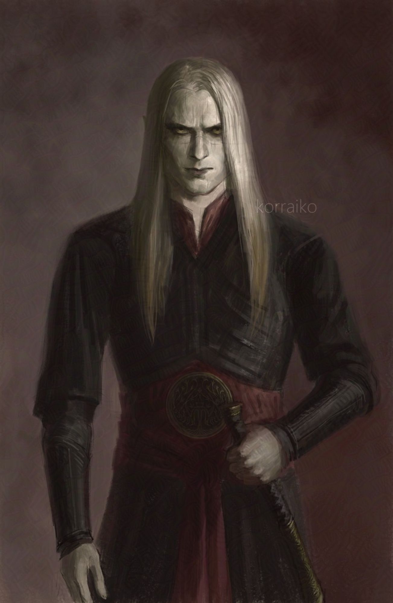 A male elf with long blond hair, wearing dark leather armor, holding a short sword on his left hand. He looks at the spectator with a displeased look. The background is burgundy color. Digital painting