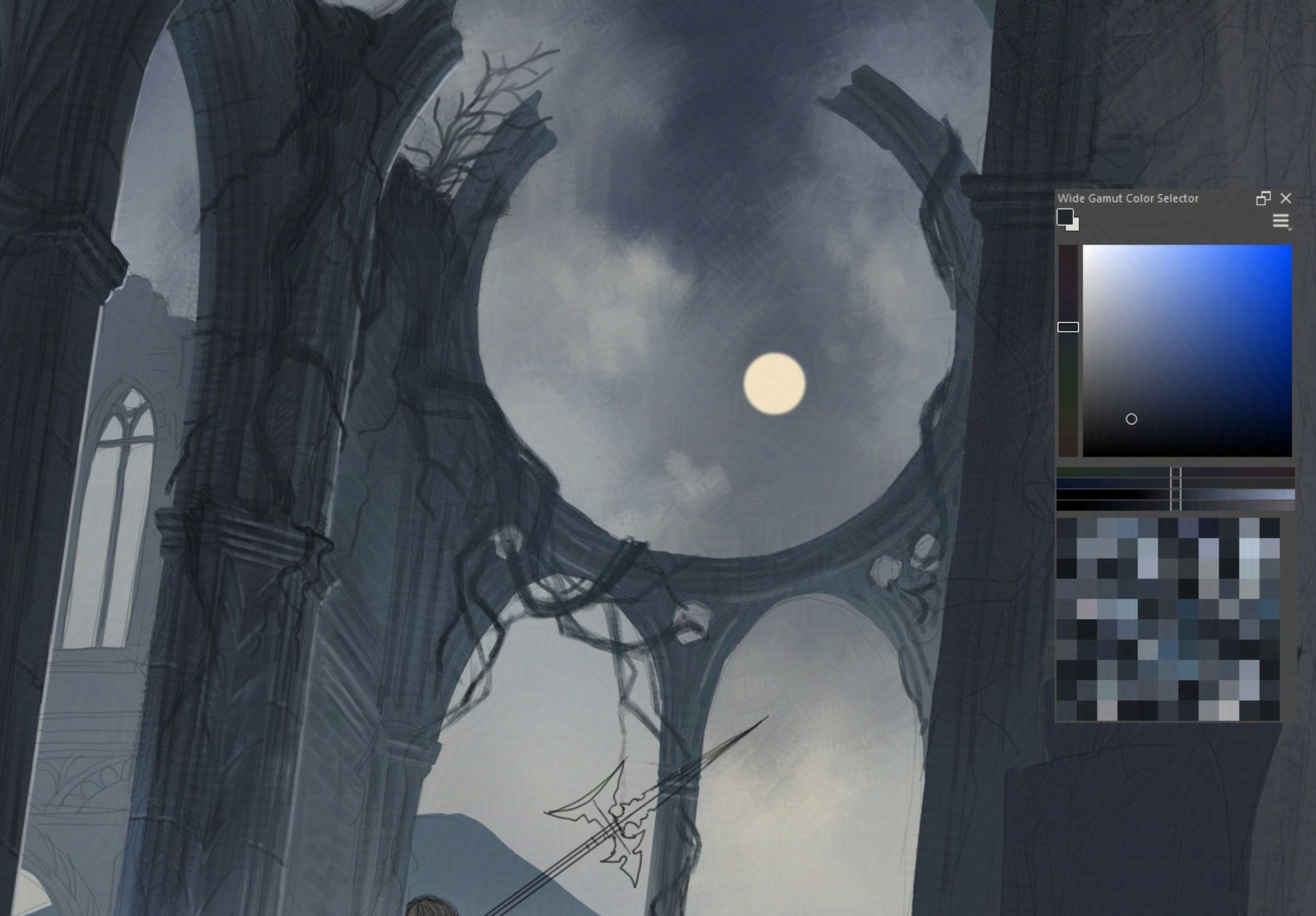 Old ruins under the light of the moon, in the center of the painting is a round ruined window, inside it almost in the center is a picture of the moon. The painting is executed in cold shades. Work in progress