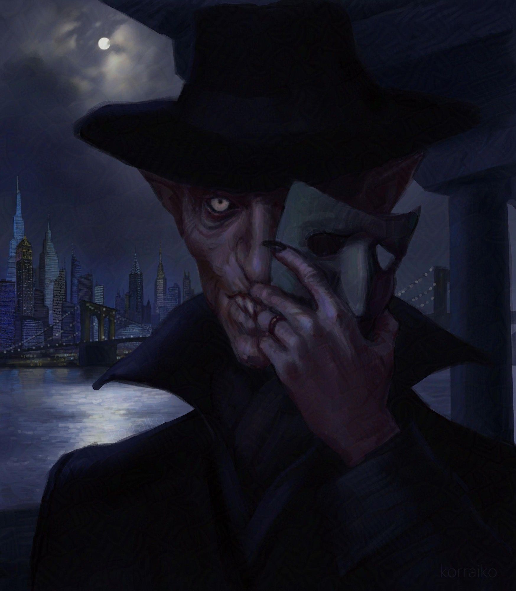 Portrait of a nosferatu vampire with a mask, with a night city in the background