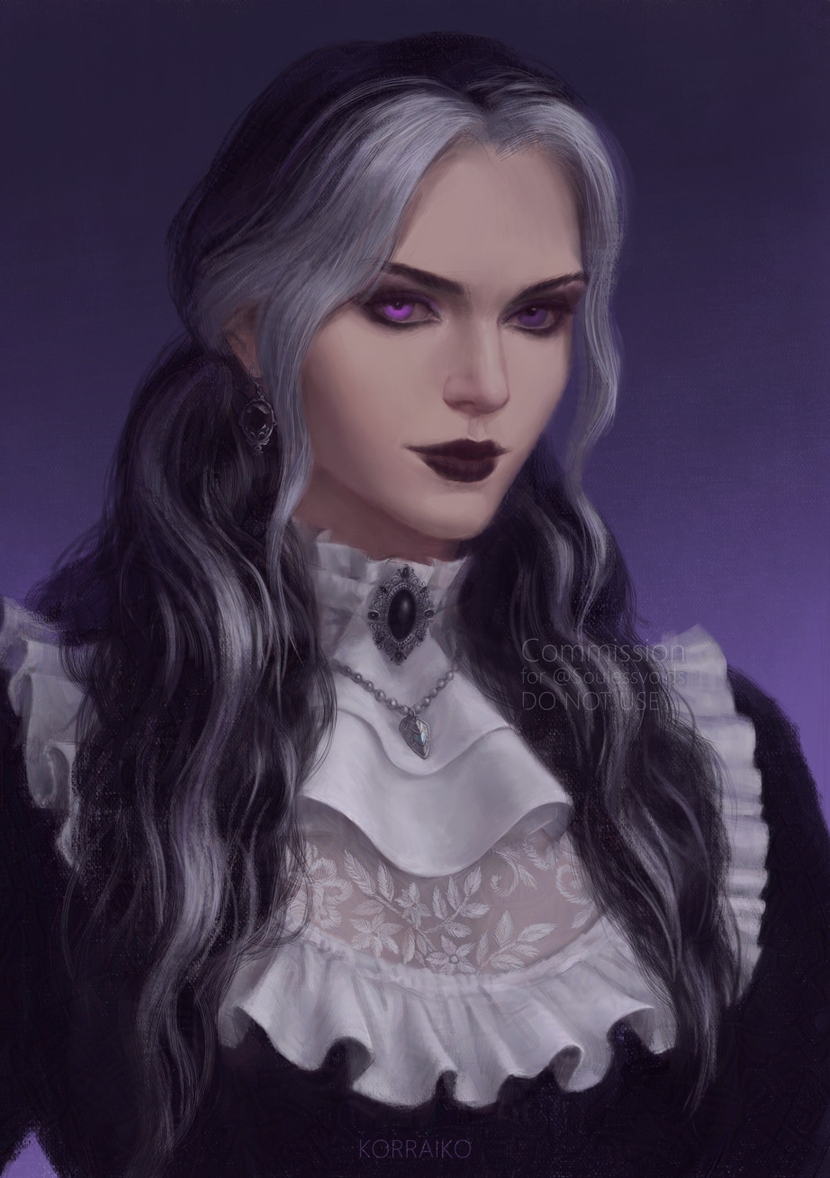 Portrait. Three quarter view. The portrait shows a woman, she has dark hair with white locks of hair, her eyes have a purple color, her right eye is lighter than her left eye, it is slightly luminous. She has gothic makeup. She is wearing a dark top with a white collar with lace on it