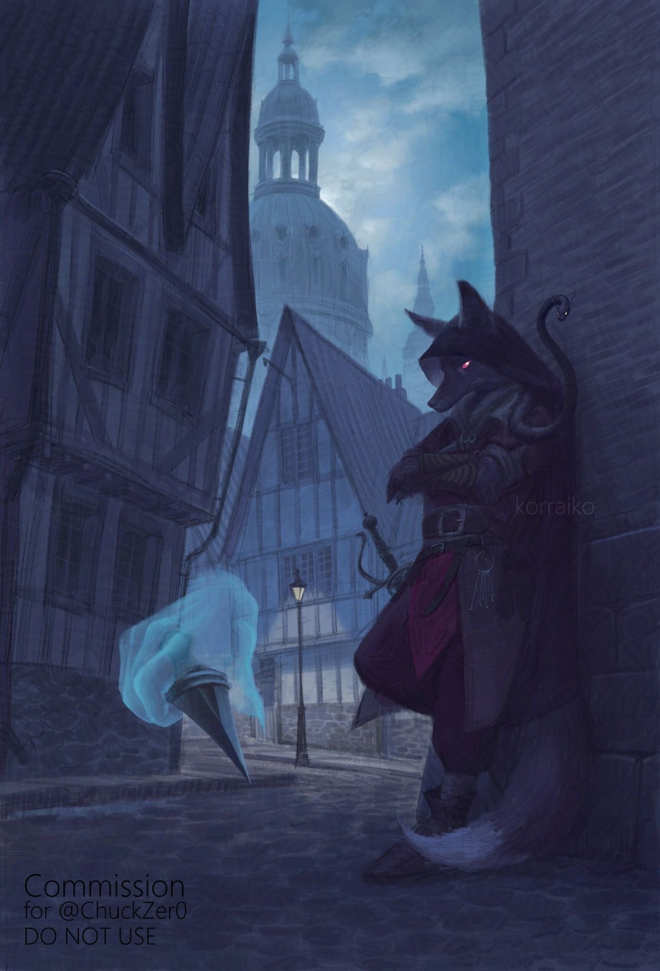 A humanoid fox leans against a wall, a snake emerges from their hood. In the foreground, a flying magic hand with a dagger stands menacingly in front of the viewer. In the background a night city in a fantasy medieval setting