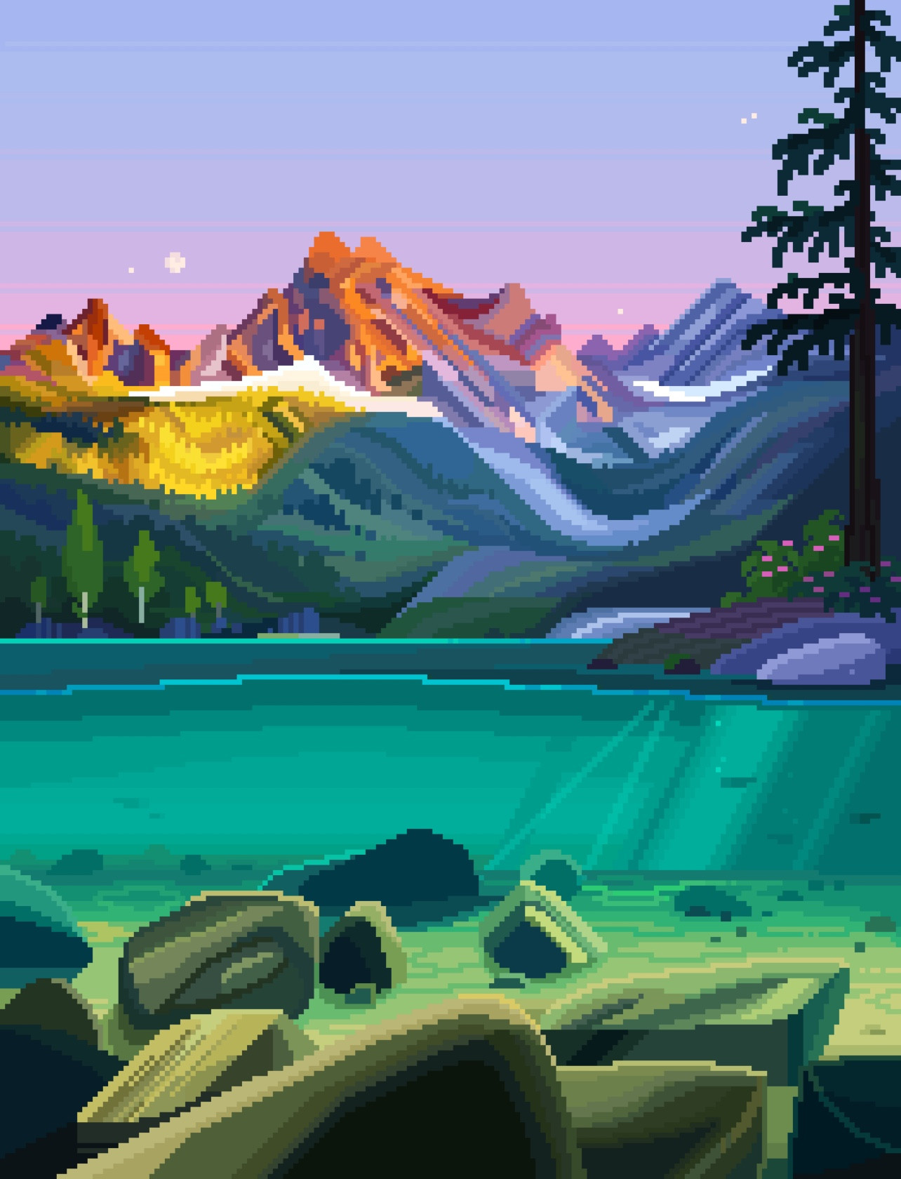 pixel art showing a lake with half the view above the water, and half of it submersed and tinted by the water.