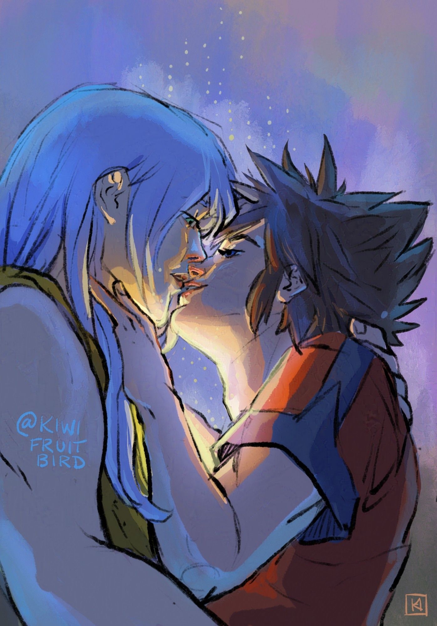 Riku and Sora from Kingdom Hearts about to kiss with glowing light just below their faces, back-lit.