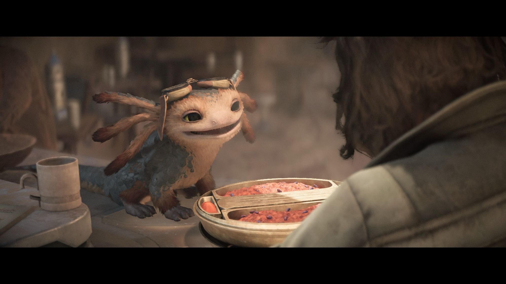 Nix, a small creature from Star Wars Outlaws enjoying a meal.