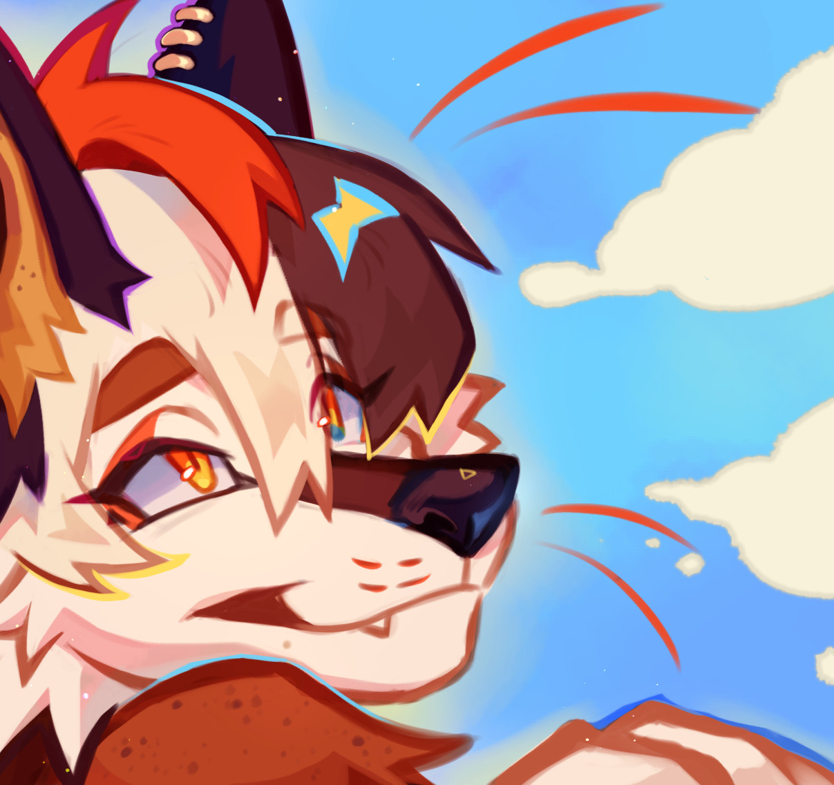 Null_Oracle's Brown, Red, and White Dog Fursona looking up at a blue sky with a smile!