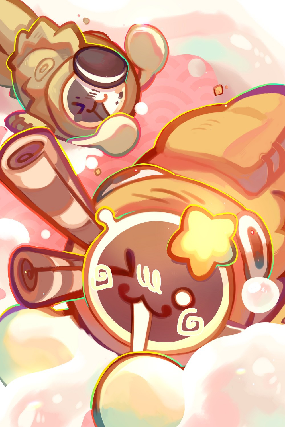 Two painted takoyaki themed taiko drum characters riding a wave of heavy cream! 