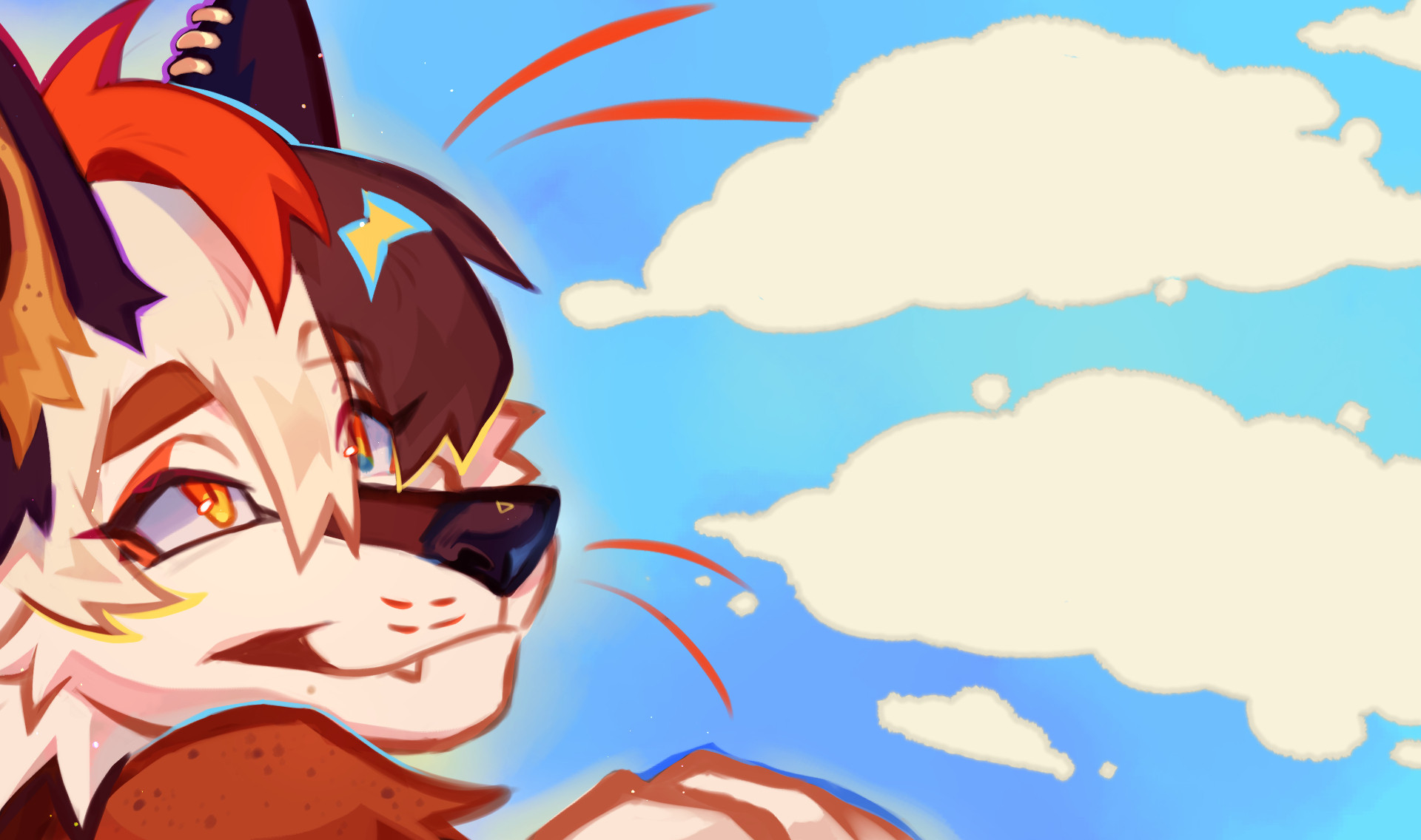 Null_Oracle's red, white and brown dog fursona smiling and looking up at a blue sky with two white clouds!