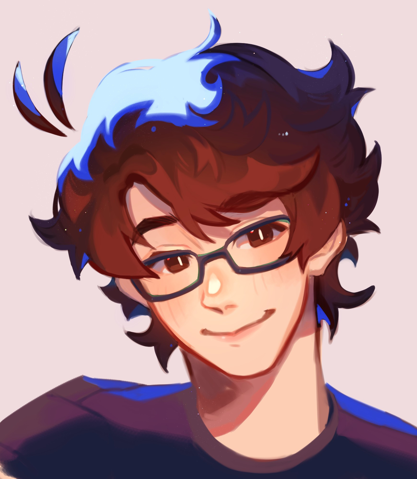 A painted portrait of Null's partner, Kevin -- Brown hair and eyes, glasses, black shirt, and bright blue highlights!