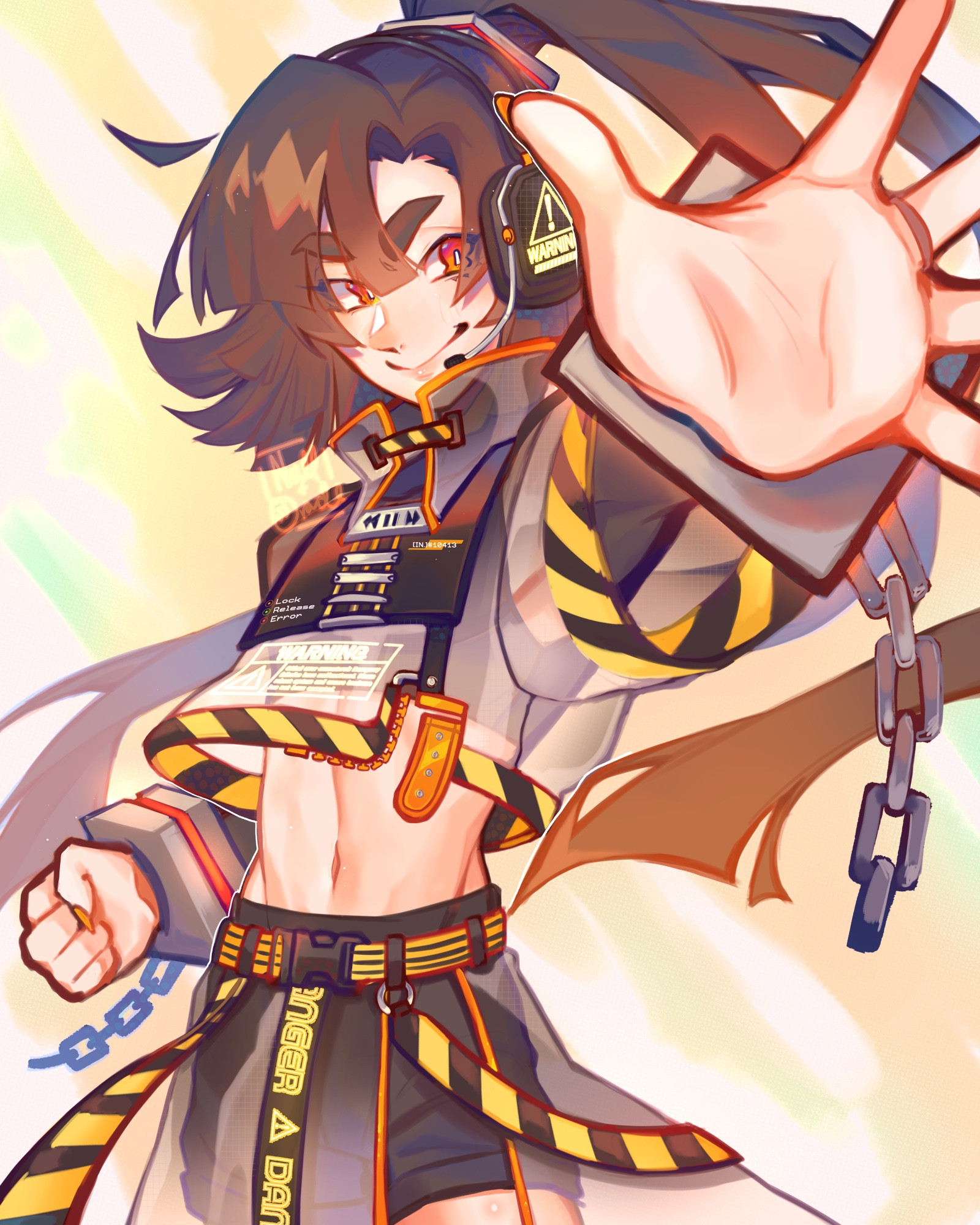 A dynamic painting of an utauloid character with brown hair, red/orange eyes, headphones, and a cool transparent outfit! Their design is hazard tape themed! 