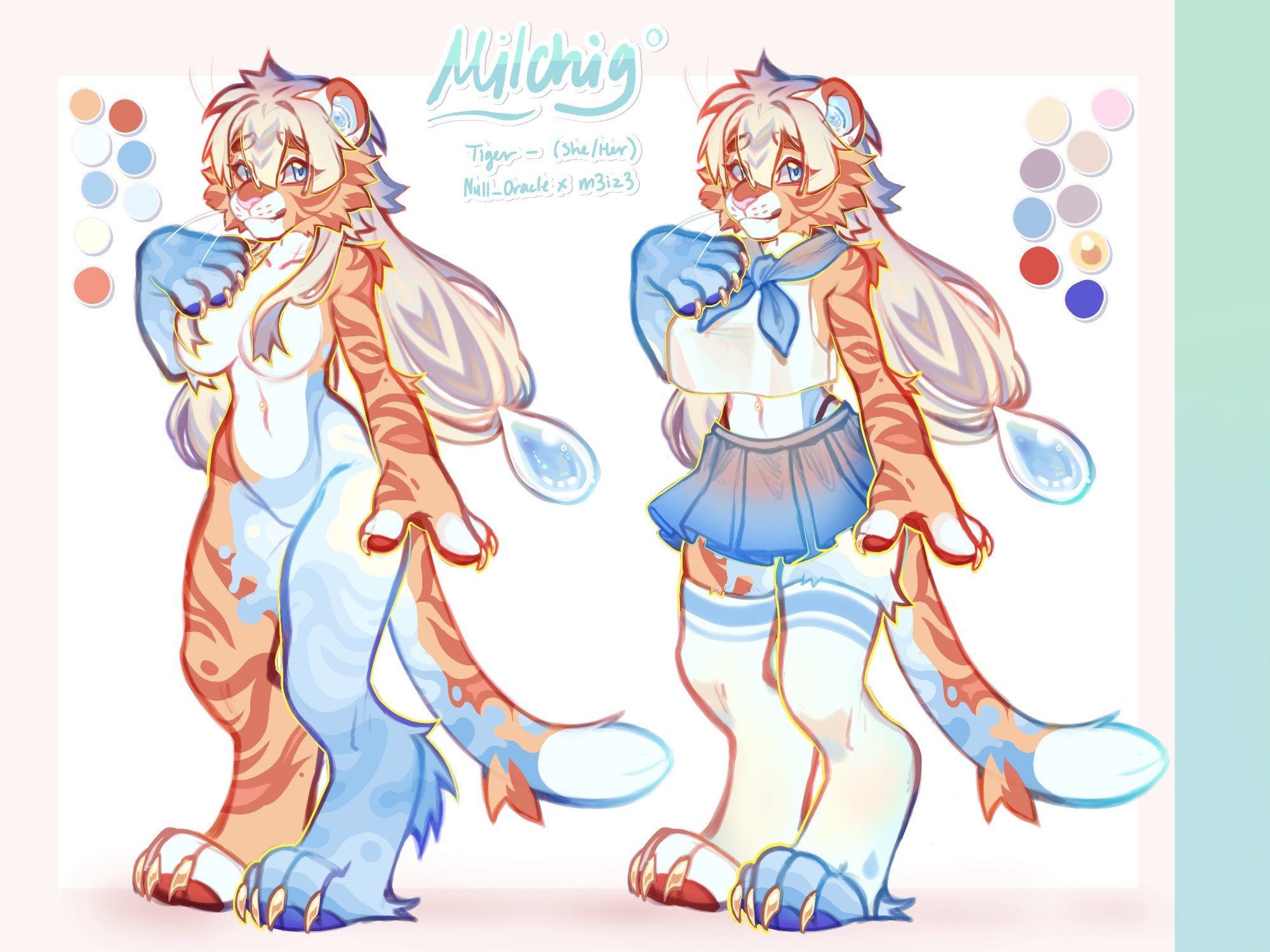 A full body design sheet of Milchig, one featuring her sailor outfit with a blur skirt, white shirt, and cute white socks - while the other shows off her fur markings of orange, white, blue and blonde!