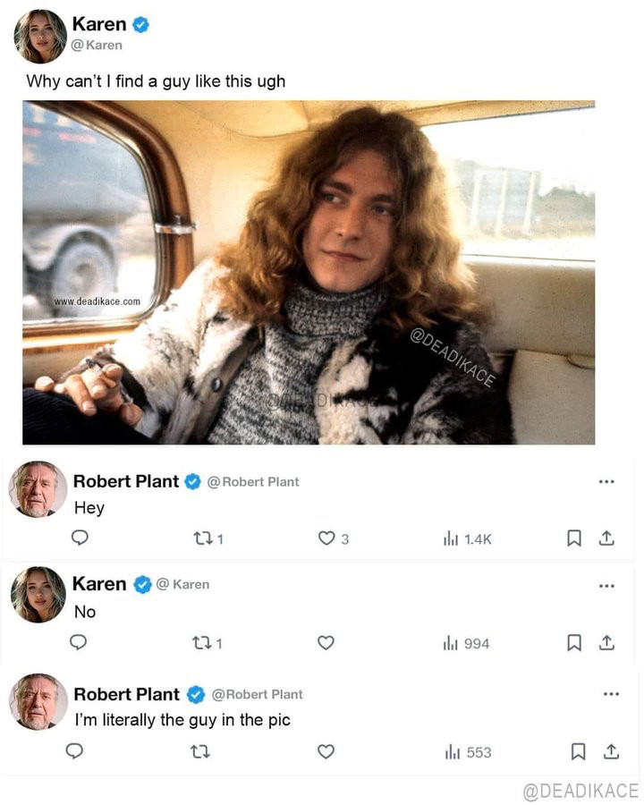 Vintage photo of Robert Plant posted by “Karen”, who’s commenting, “why can’t I find a guy like this ugh.”

Robert Plant comments: “hey”

Karen: No

Robert Plant: I’m literally the guy in the pic.