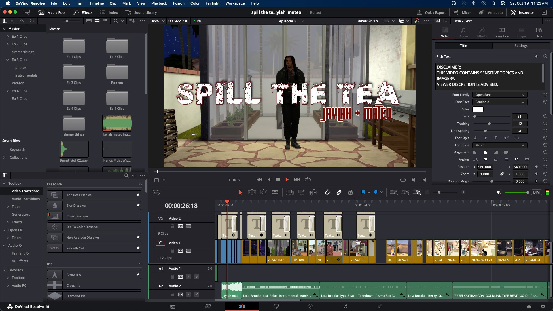 Davinci Resolve editing tool is opened with multiple features in use to edit video for Spill the Tea: Jaylah + Mateo, a mini series on YouTube from simmerthingz.