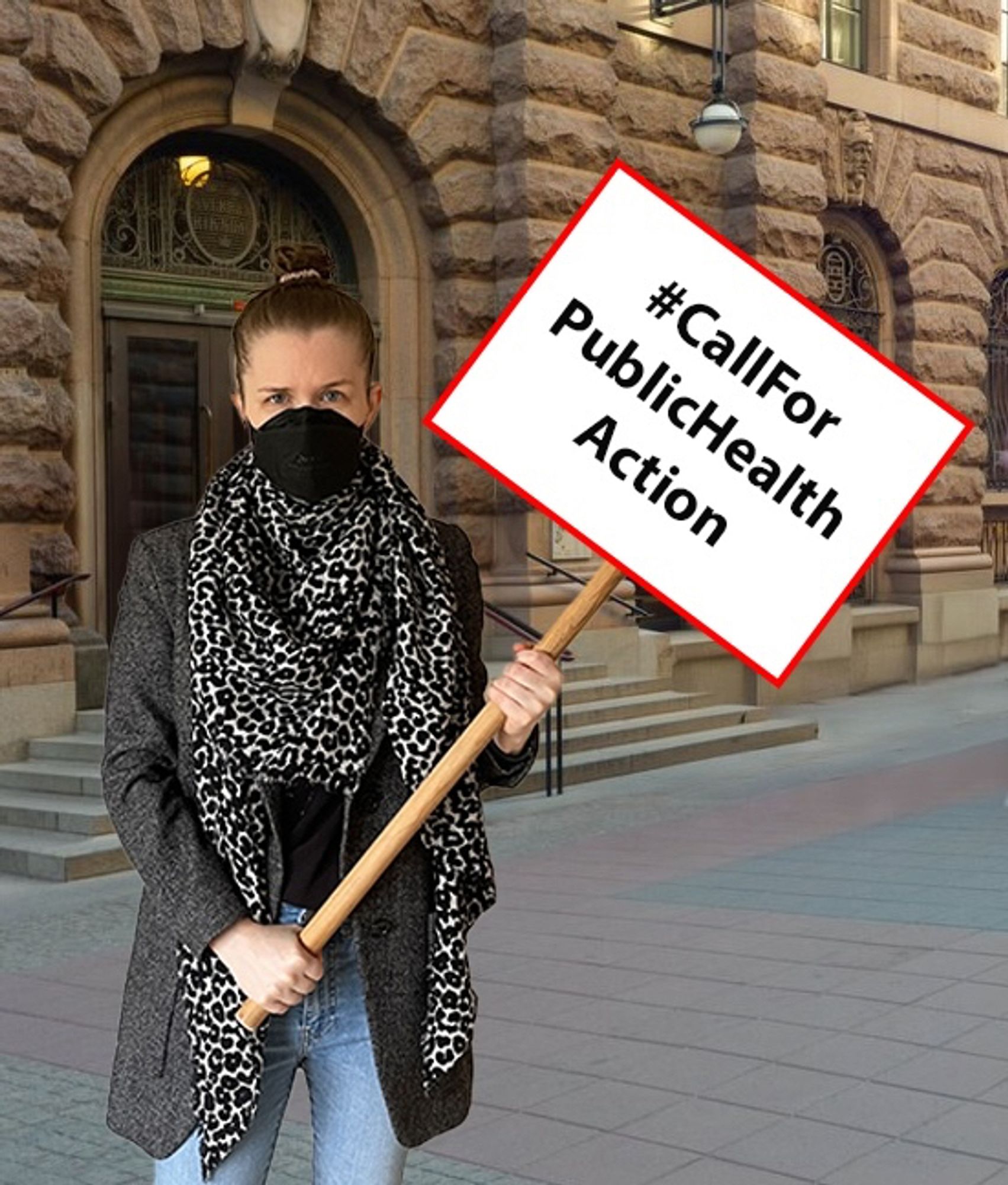 A photoshopped image of me standing outside the Swedish parliament, wearing a respirator and holding a sign saying ”#CallForPublicHealthAction”.