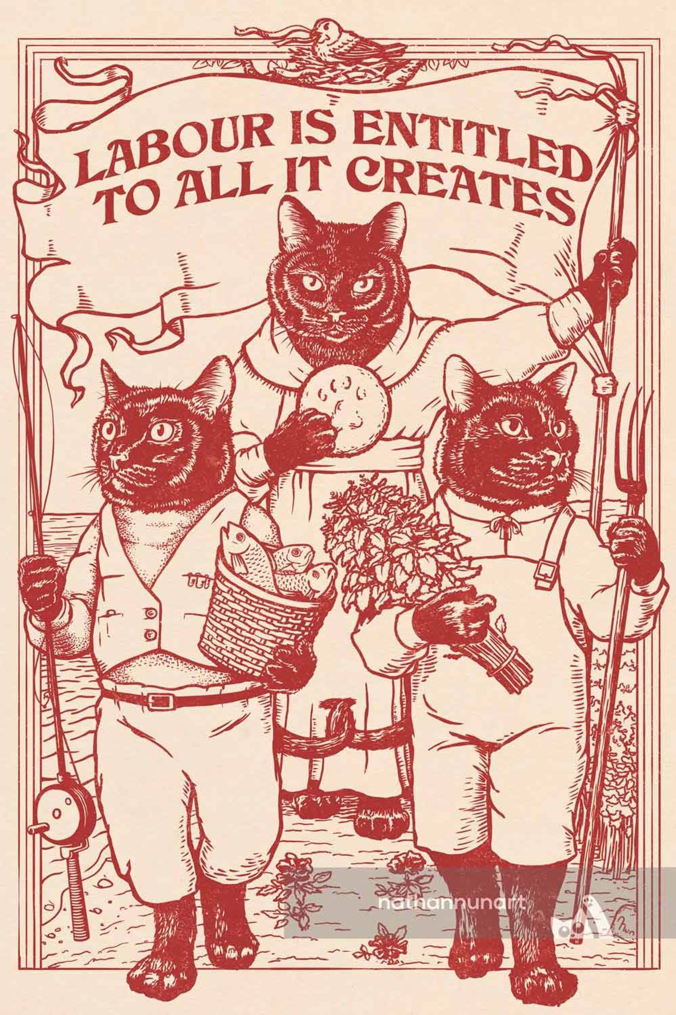 A poster in the style of early 20th-century illustrator Walter Crane. It features three cats each holding the fruits of cat labours: biscuits, fish, and catnip. The middle cat holds a banner that reads "Labour is Entitled to all it Creates"