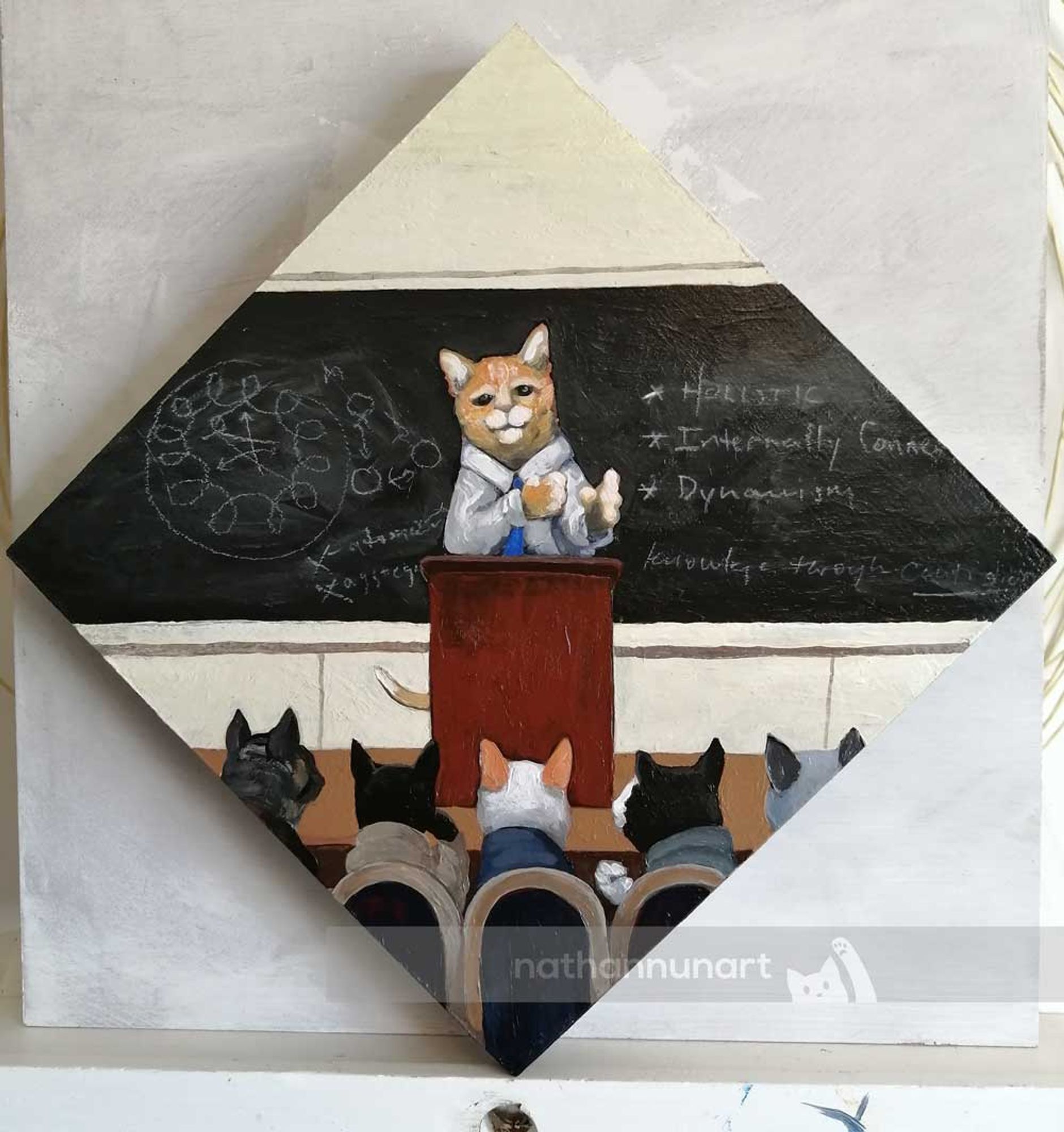 An orange cat stands at a lectern in a lecture hall gesticulating. Behind them is a blackboard with scribbled notes on the topic of dialectics. In front are seated cats actively listening.