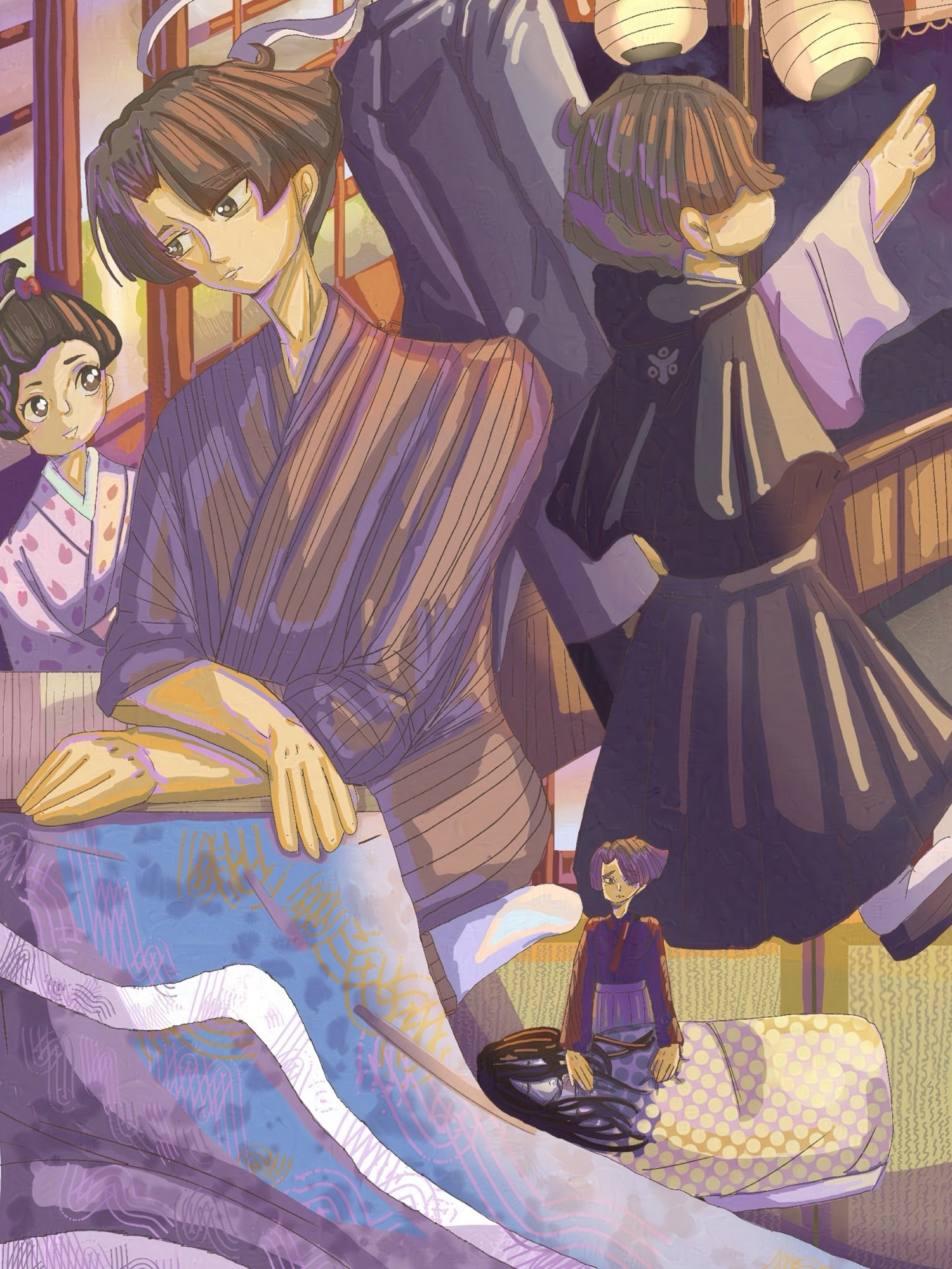 Three scenes are combined. On the left side Kazuma asougi (great ace attorney) is on the left side. He is kneeled beside his kotatsu. With a little susato looking at him to the left of him. On the top right a child kazuma walking a festival with genshin asougi. He is facing away from the camera pointing to the top right corner. On the bottom right a 14 year old kazuma is kneeling over his mother’s dead body. Her hair obscuring her face as she lies in bed.