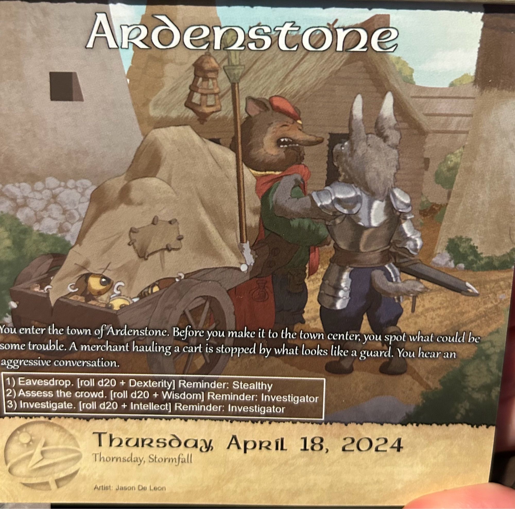 Anthropomorphic mole merchant with his cart talking to an anthropomorphic wolf guard.