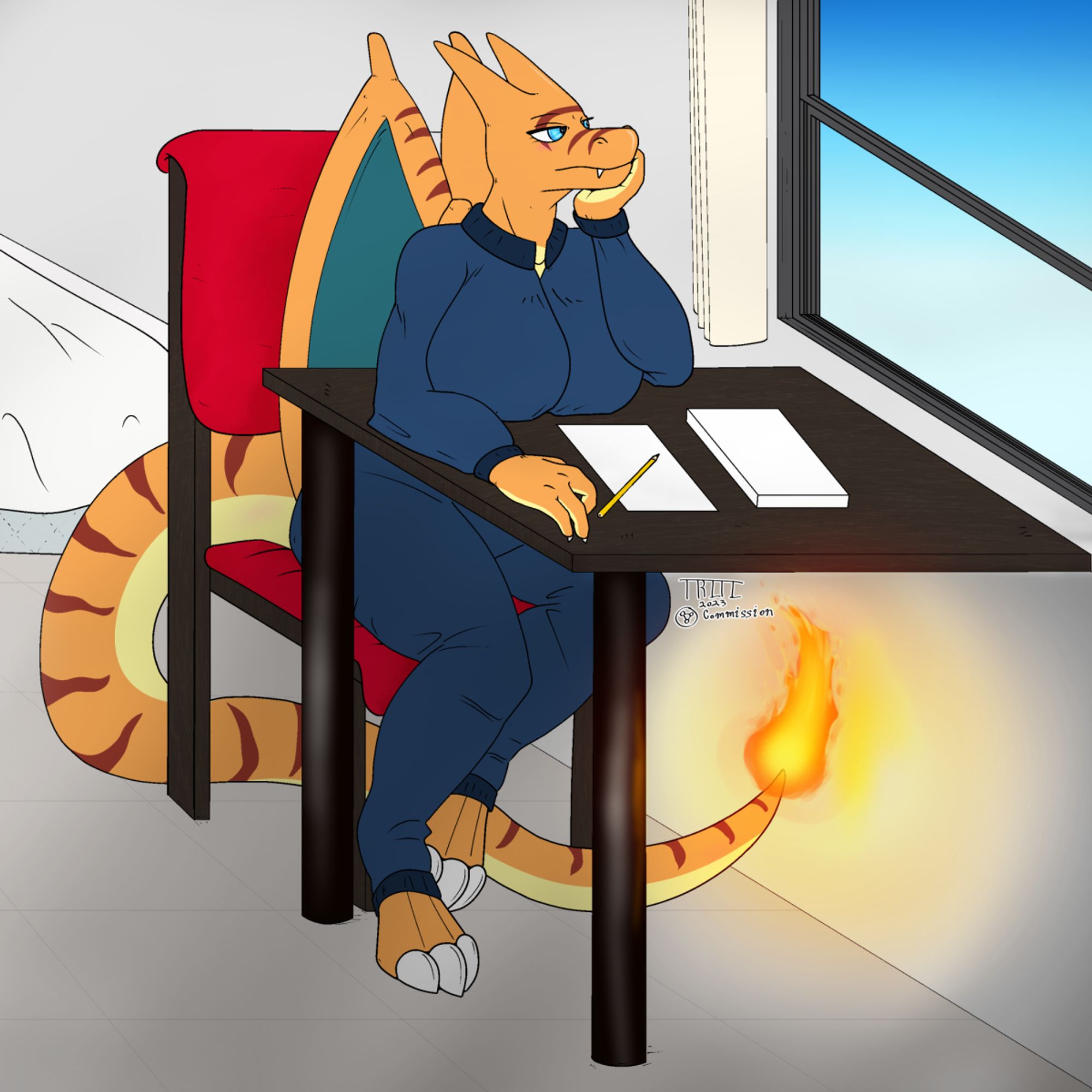 An anthro Charizard lady in a dark blue jumpsuit sits in a plain room, looking out the window. She has a pencil and paper on her desk, wondering what to write. The second image is the same, but she is nude.