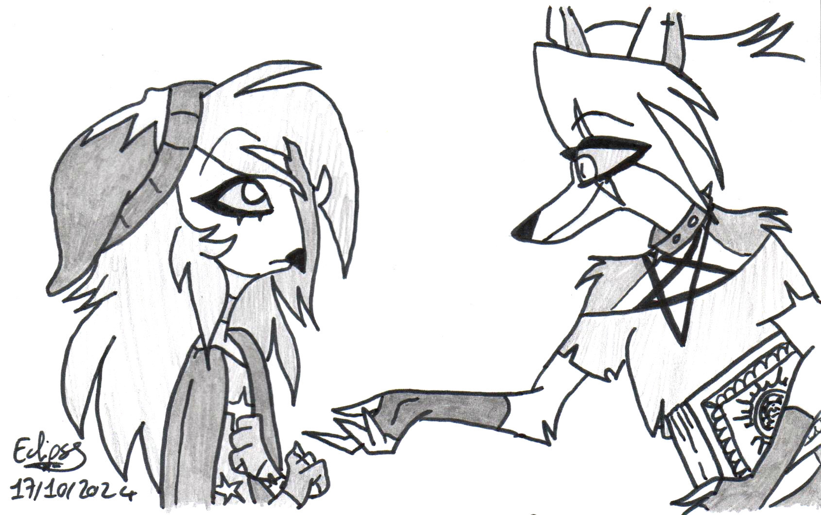 Loona (a hellhound) extending her hand to Octavia (an anthropomorphic owlet) - Black and white drawing