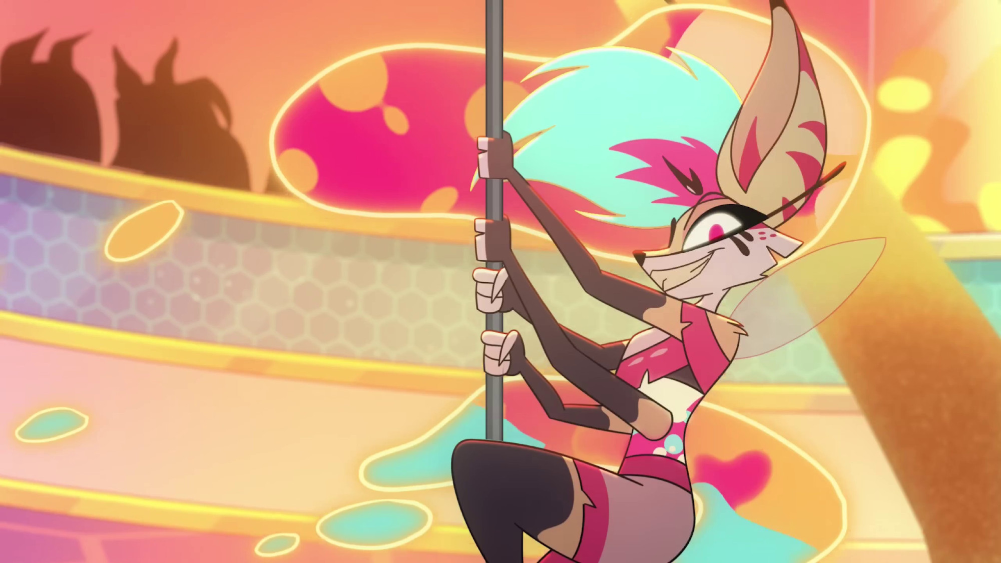 Queen Bee (a fox bee hybrid) dancing around a pole, frame from Helluva Boss Season 1 Episode 8 Queen Bee