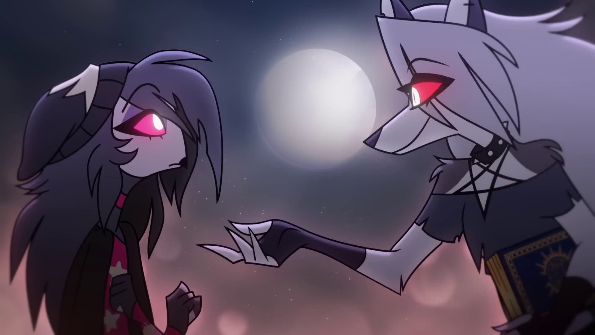 Loona (a hellhound) extending her hand to Octavia (an anthropomorphic owlet) - Frame from Helluva Boss Season 2 Episode 2 Seeing Stars