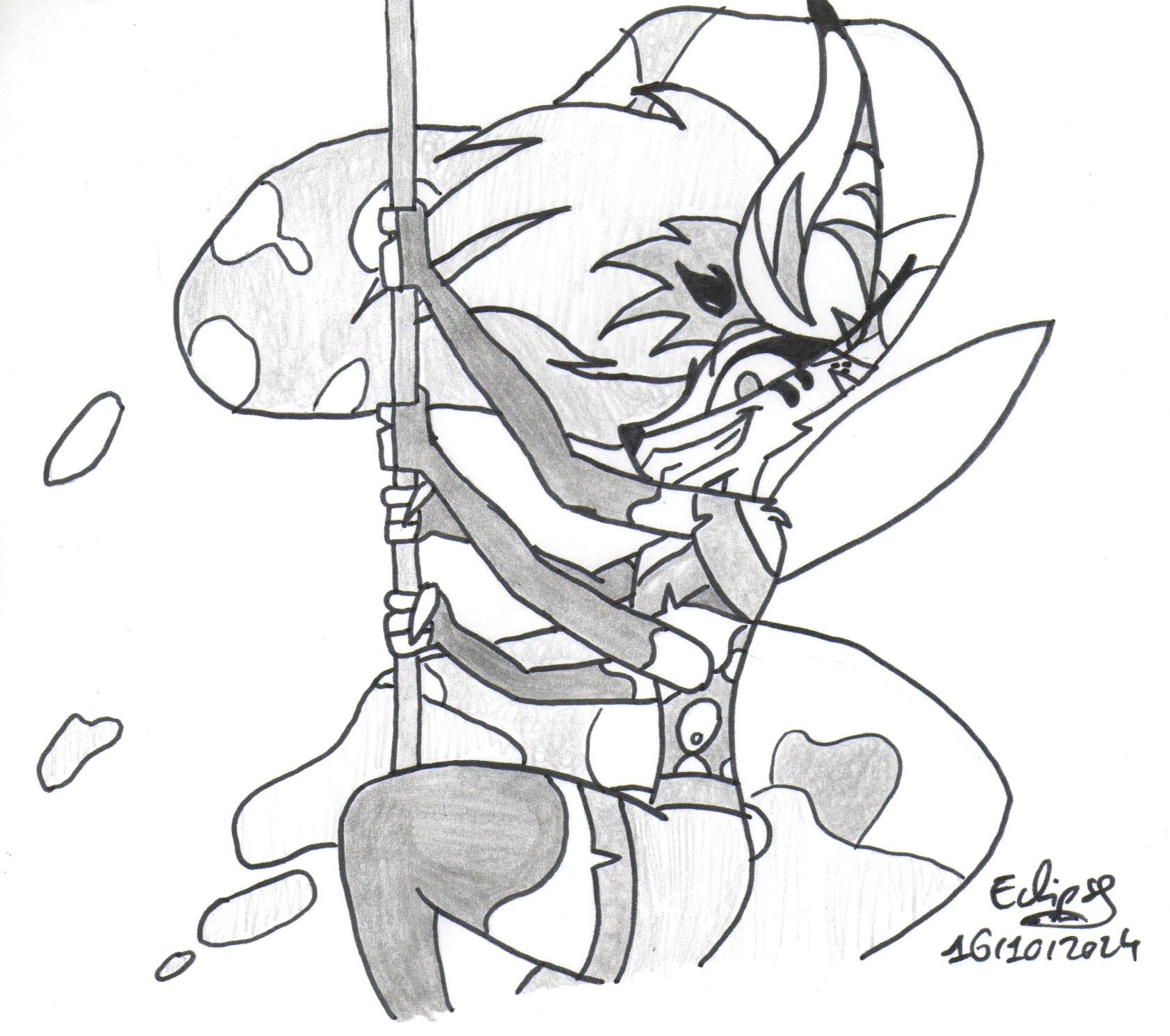 Queen Bee (a fox bee hybrid) dancing around a pole, black and white drawing