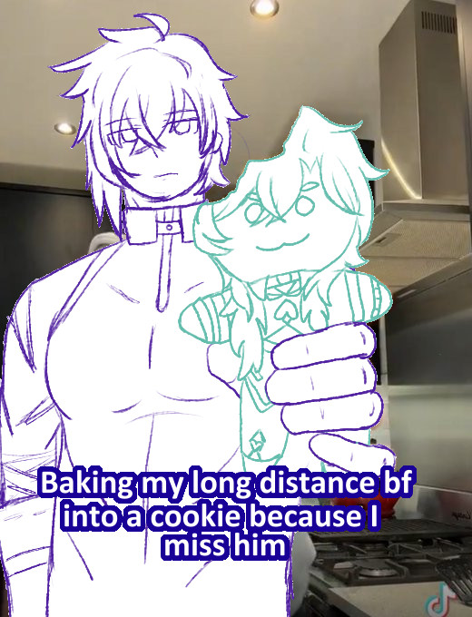 baking my long distance bf into a cookie because i miss him but its moze holding a half eaten aventurine cookie