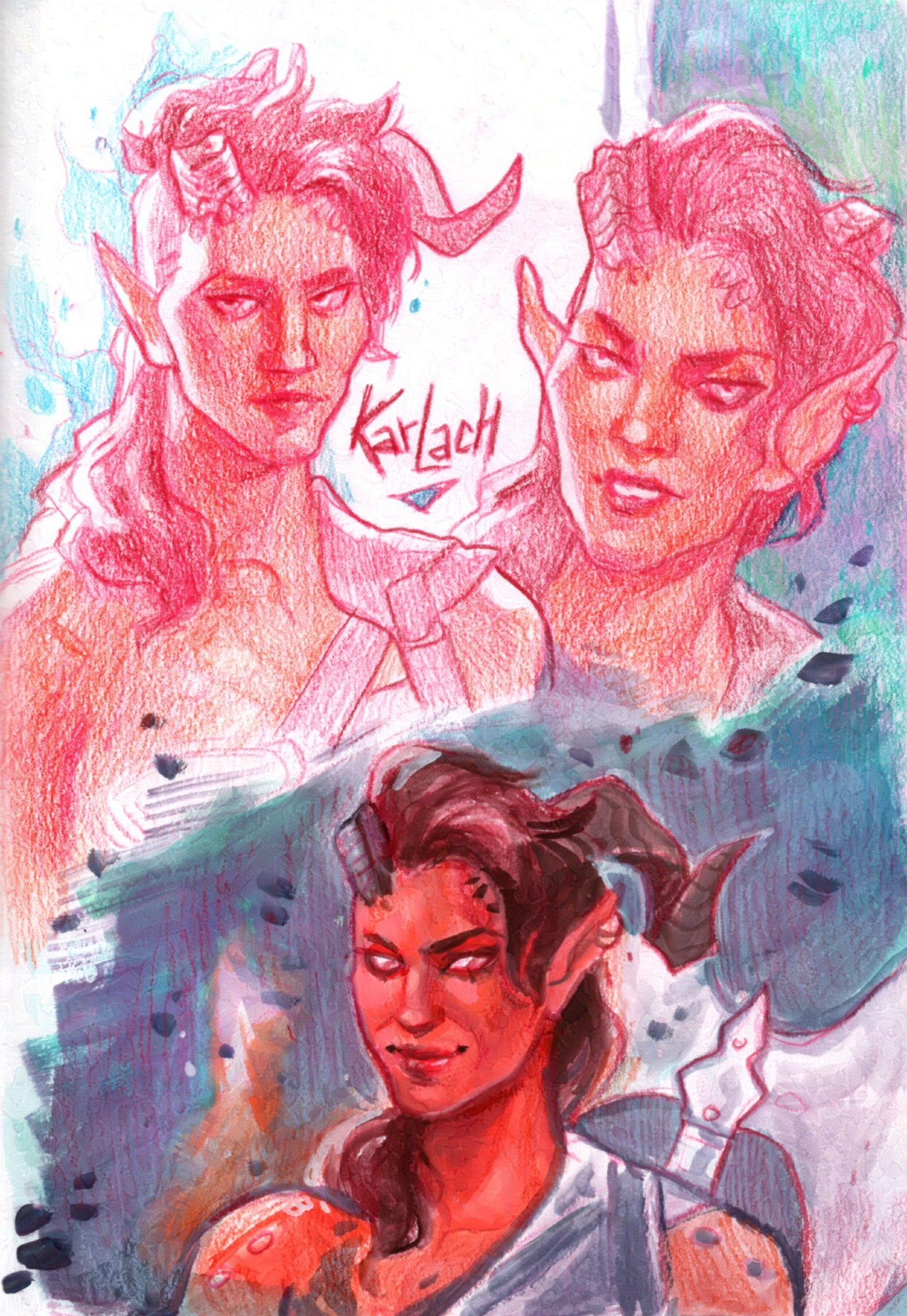 Sketchbook page with three sketches of Karlach from Baldur's Gate 3