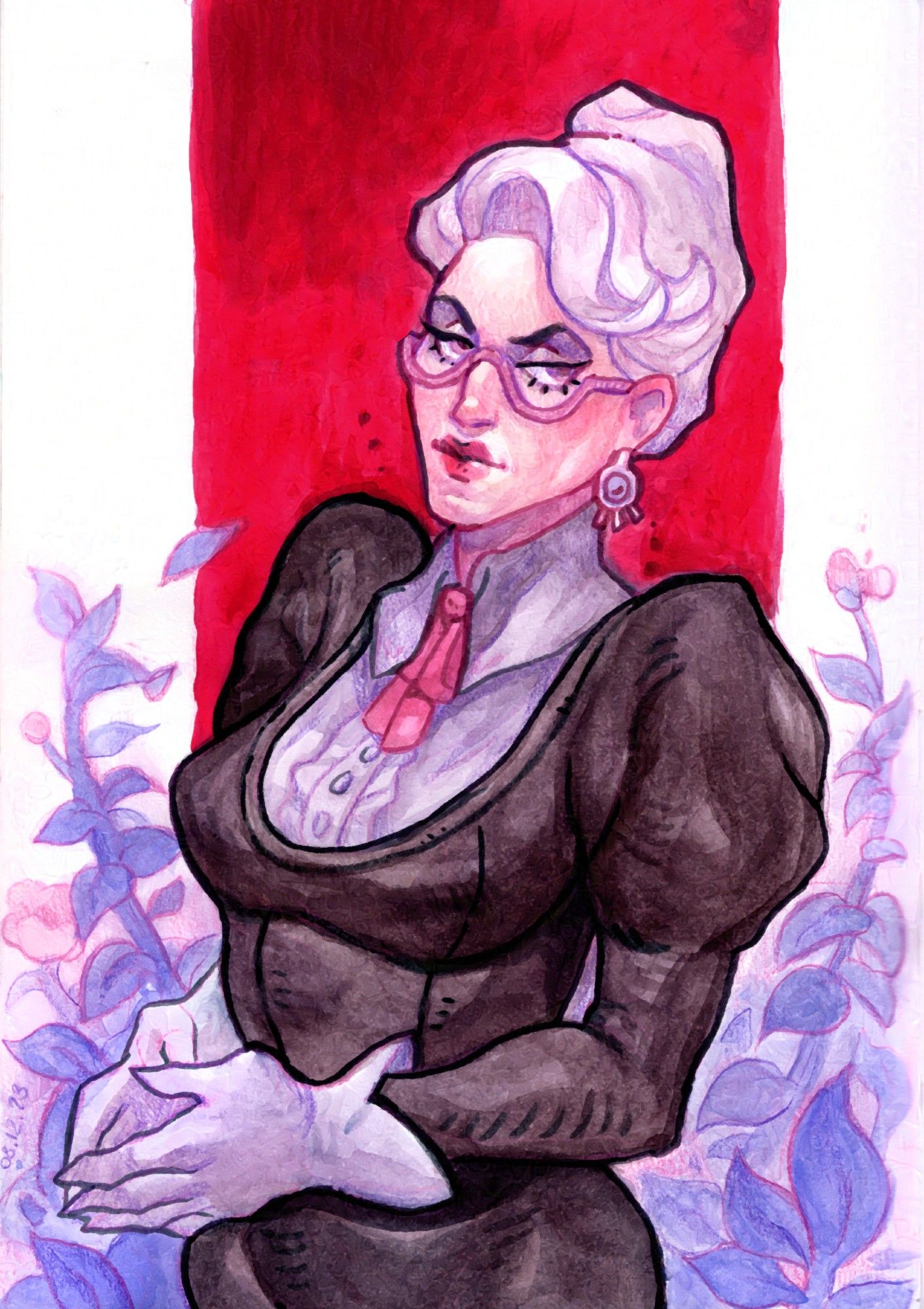 Watercolor painting of a white haired woman on red and lavender background