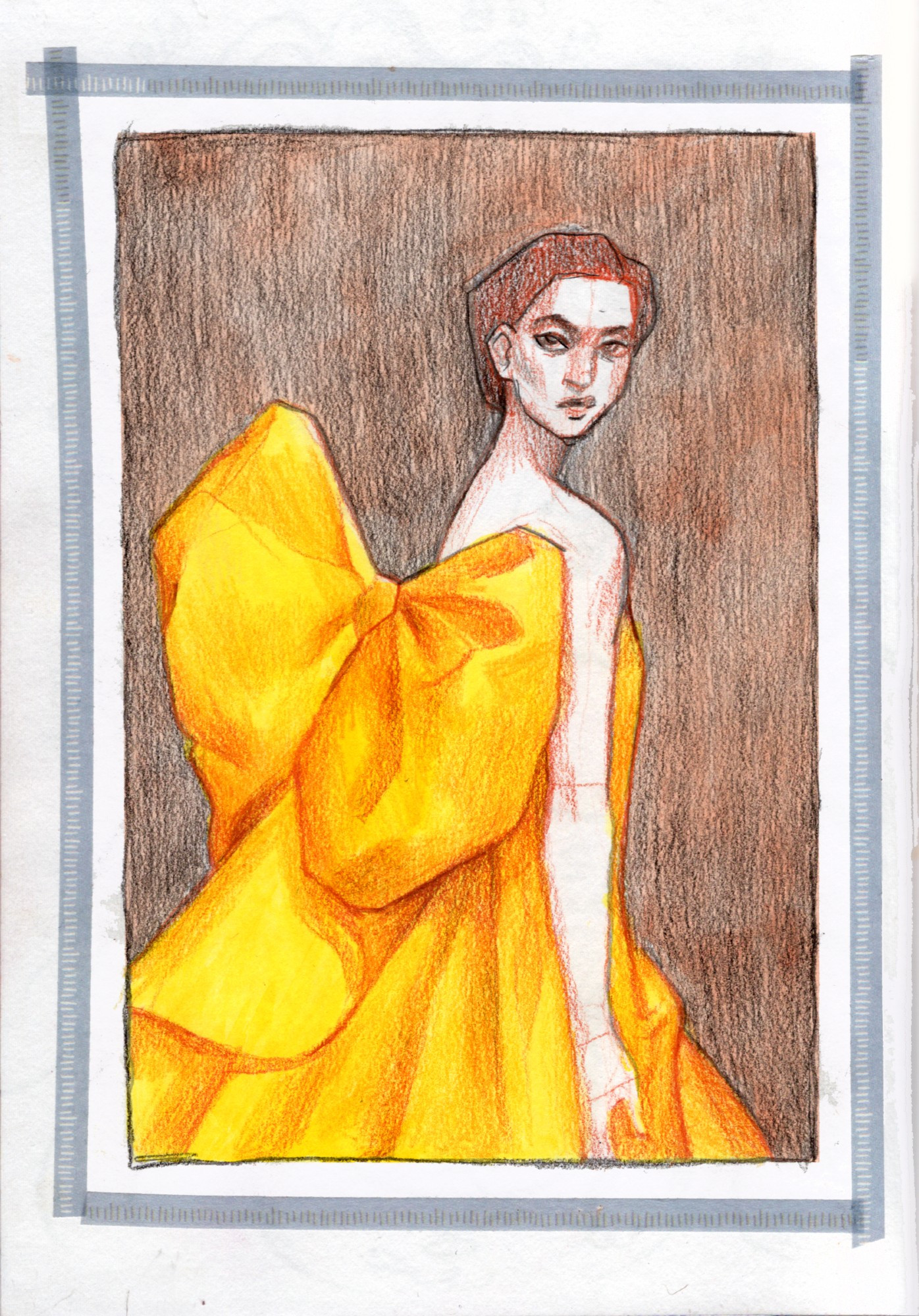 A study drawing in colored pencils. Woman in a bright yellow dress with a big bow looking at a viewer. 