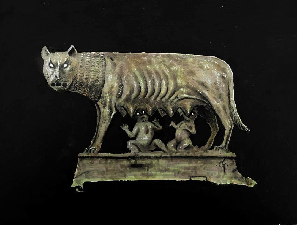 A sinister drawing of the she-wolf suckling Romulus and Remus.
