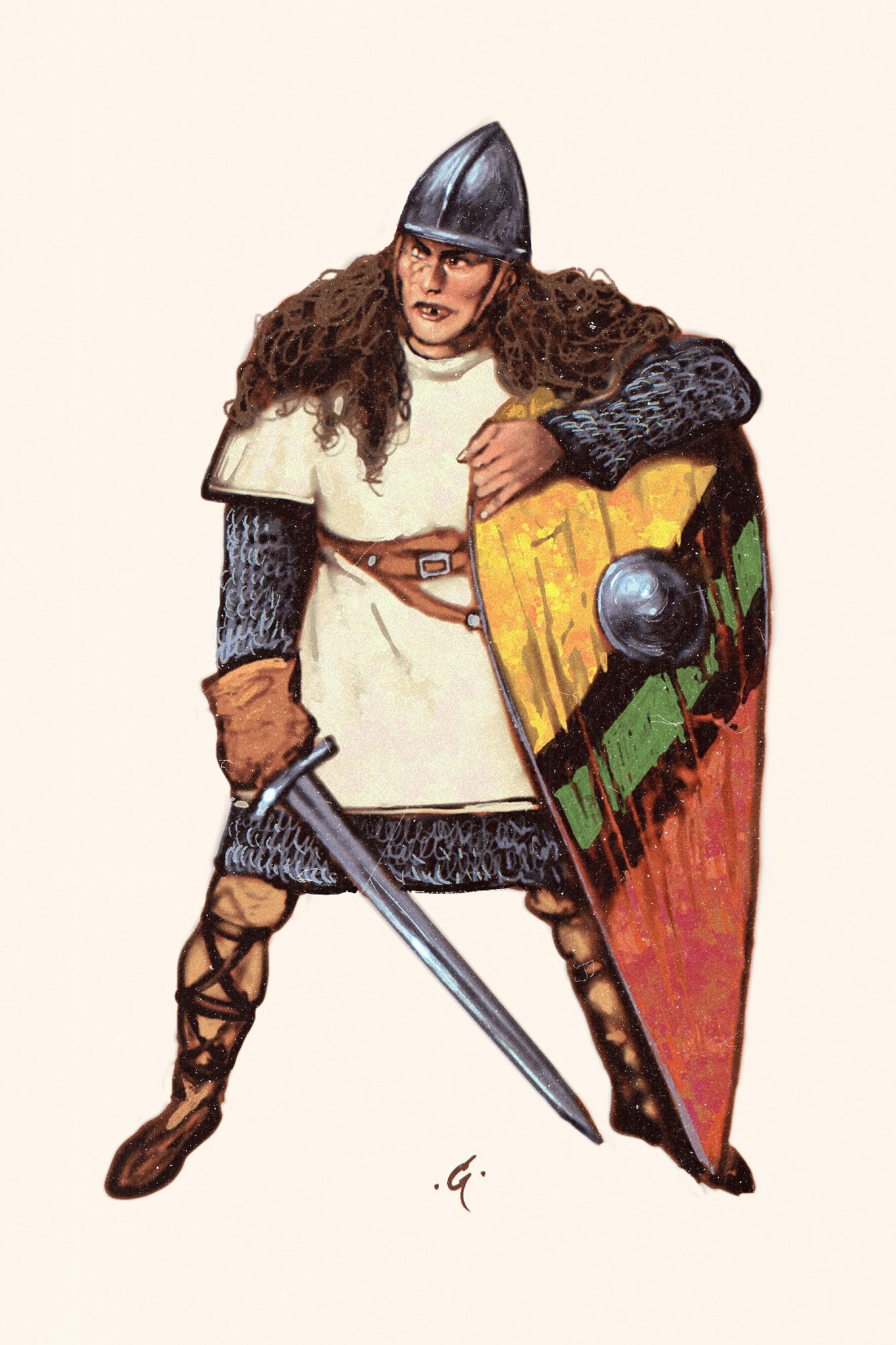 A woman in early medieval panoply leaning against a kite shield. She has one scarred eye and is missing a front tooth.