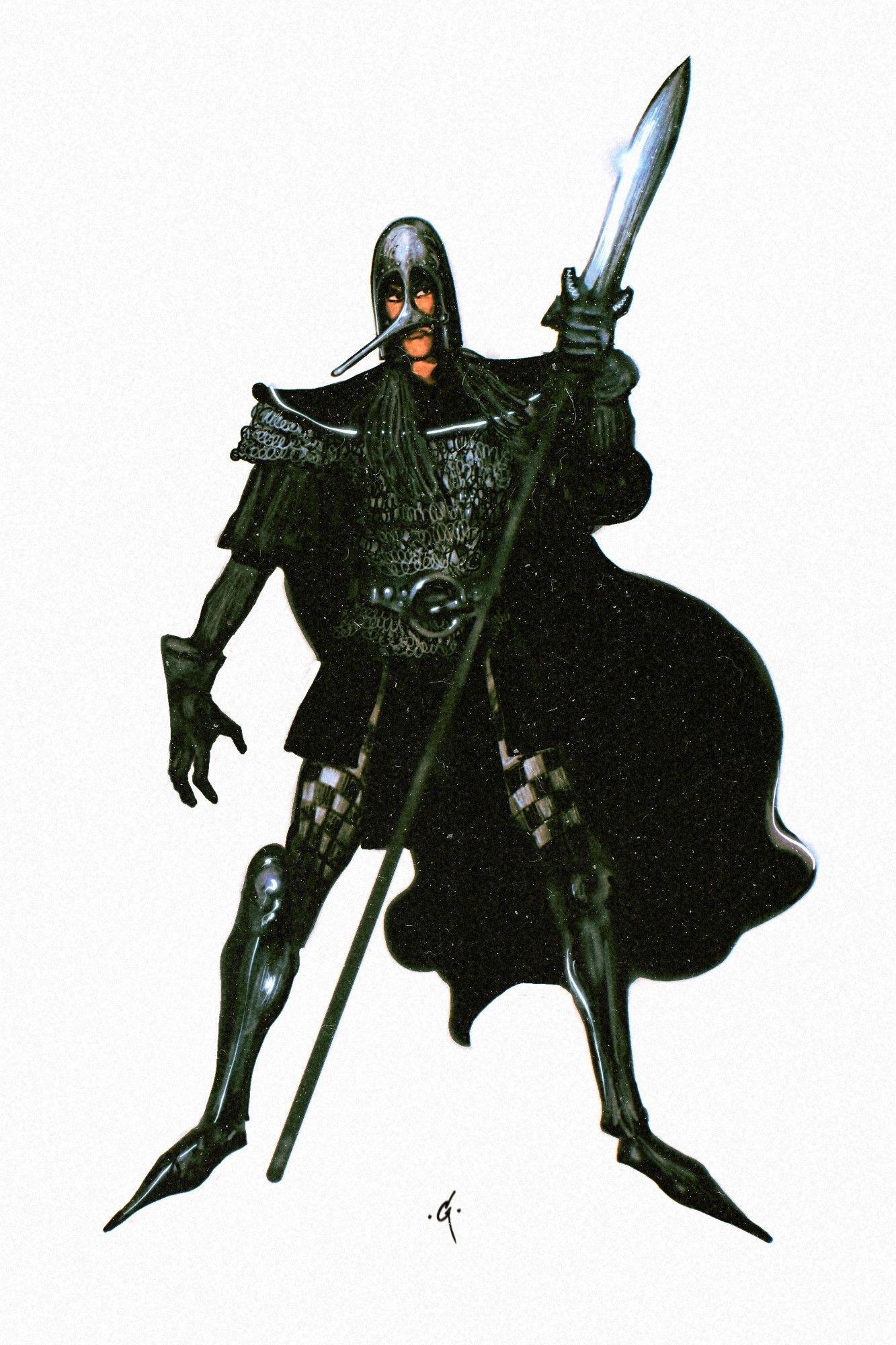 A villainous figure clad in chainmail and black cloth. The helmet bears a long, needle-like stylized nose.