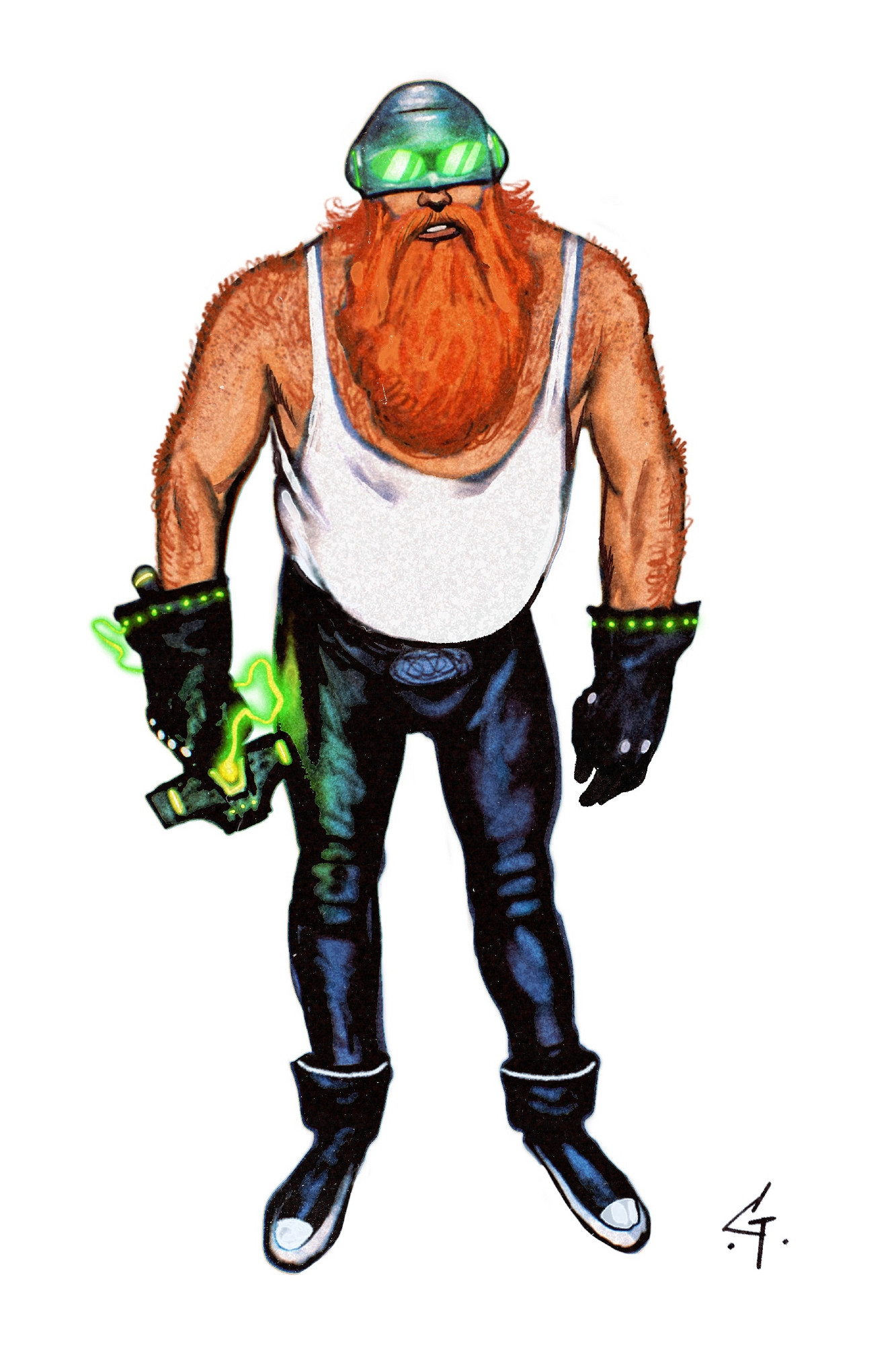 A big guy with a red beard and a sci-fi helmet. Also a sci-fi hammer. 