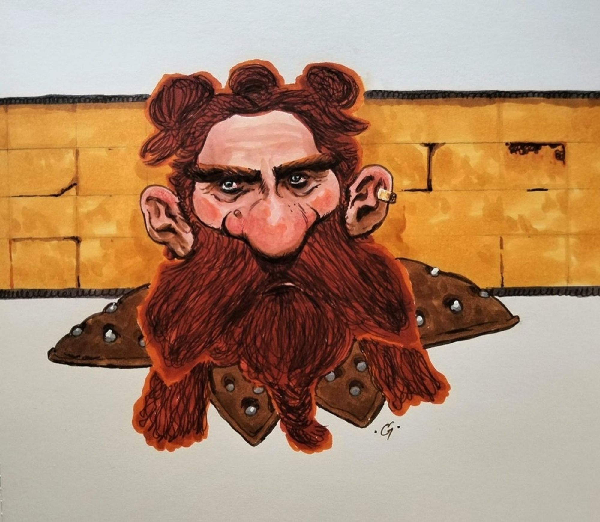 A portrait of a fantasy Dwarf with some goldish brickwork behind him.