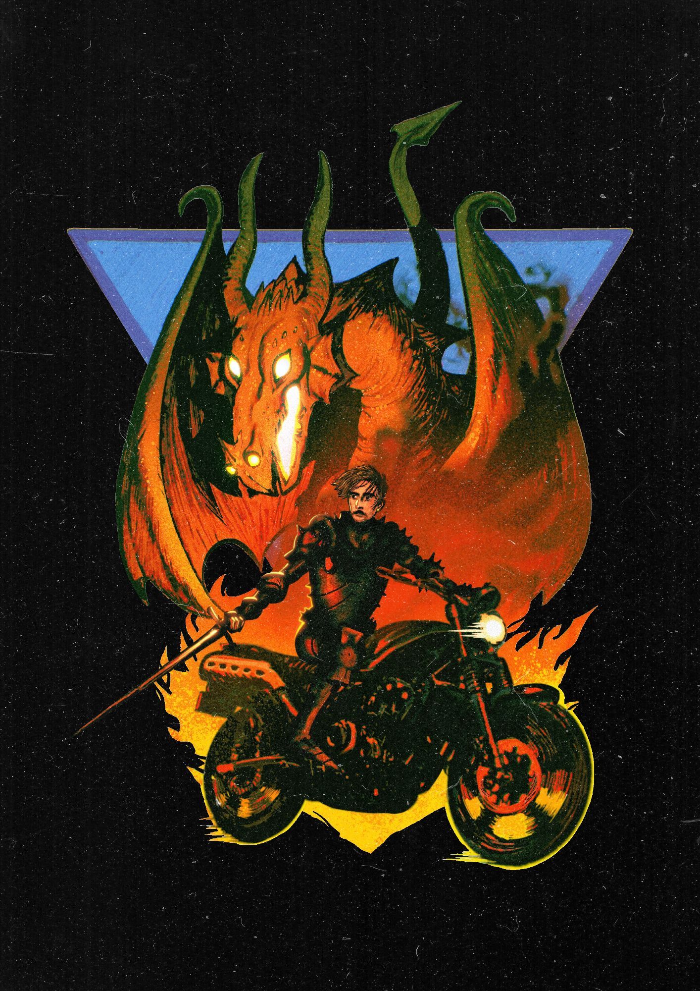 An armored man riding a motorcycle as a dragon looms in the background.