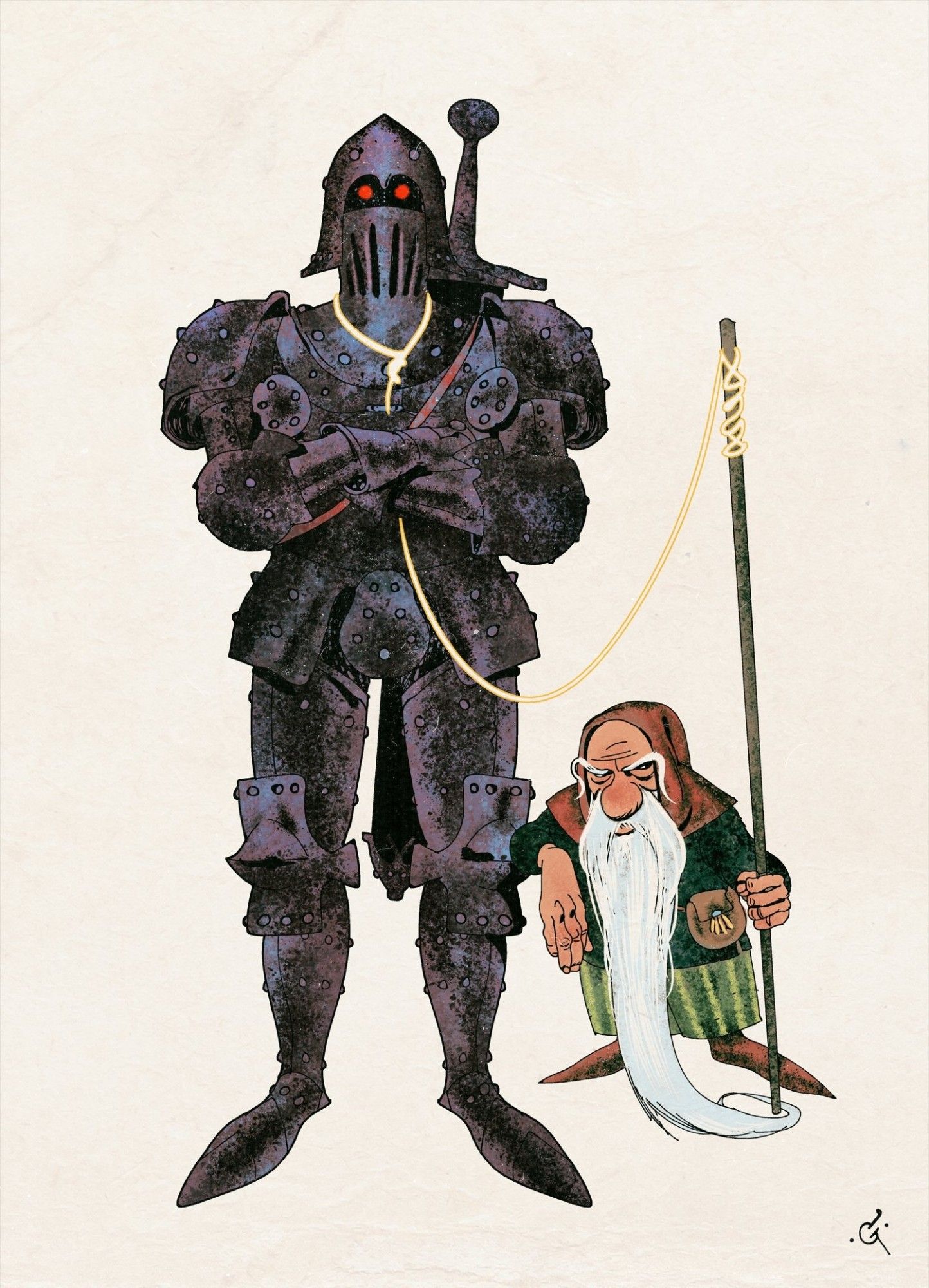 A drawing of a Dwarf leading an animated suit of armor by a leash.