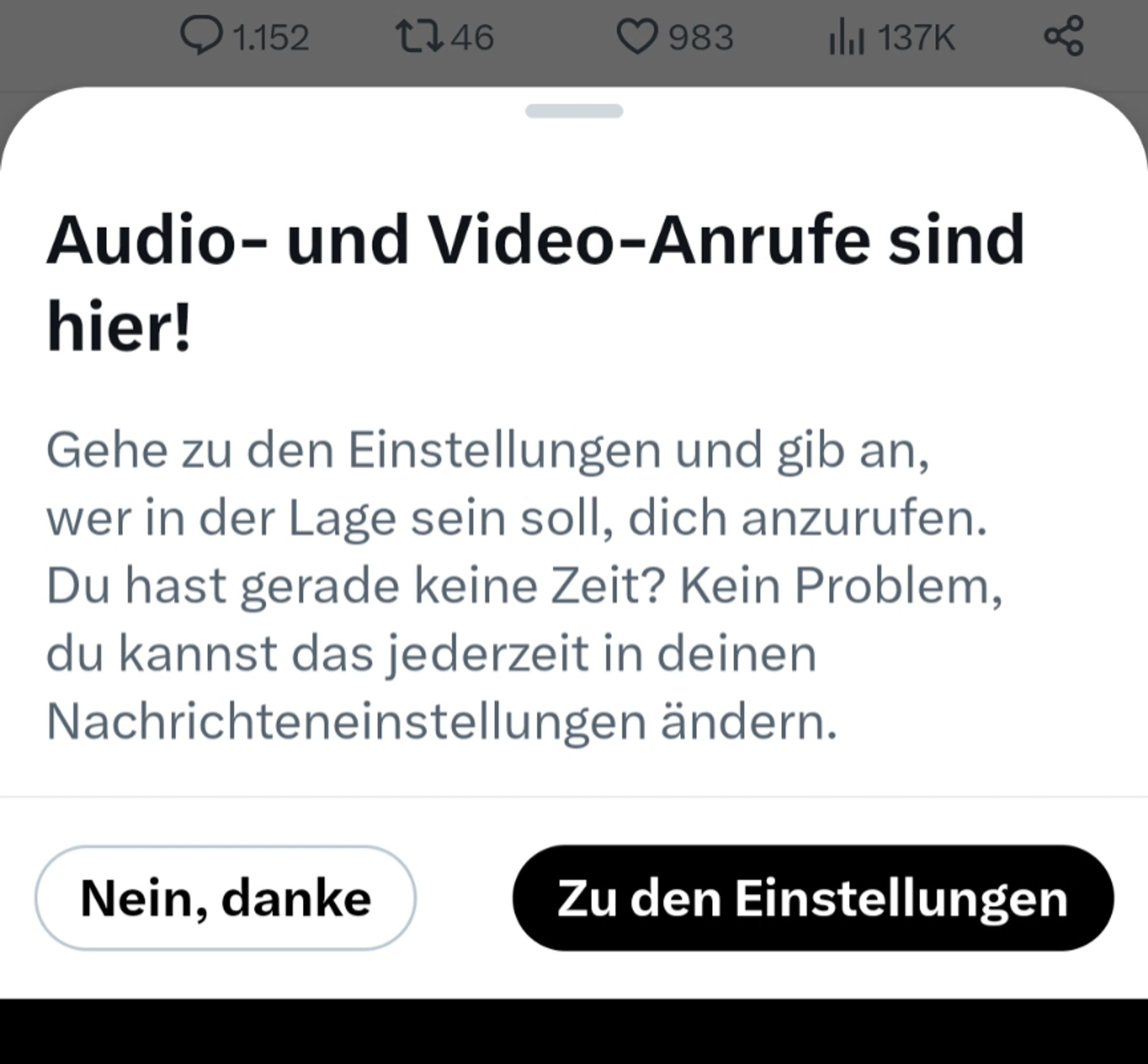 Screenshot von Pop-up bei Xitter mit dem Hinweis auf neue Nutzungsmöglichkeiten von Audio- und Video-Anrufe via X