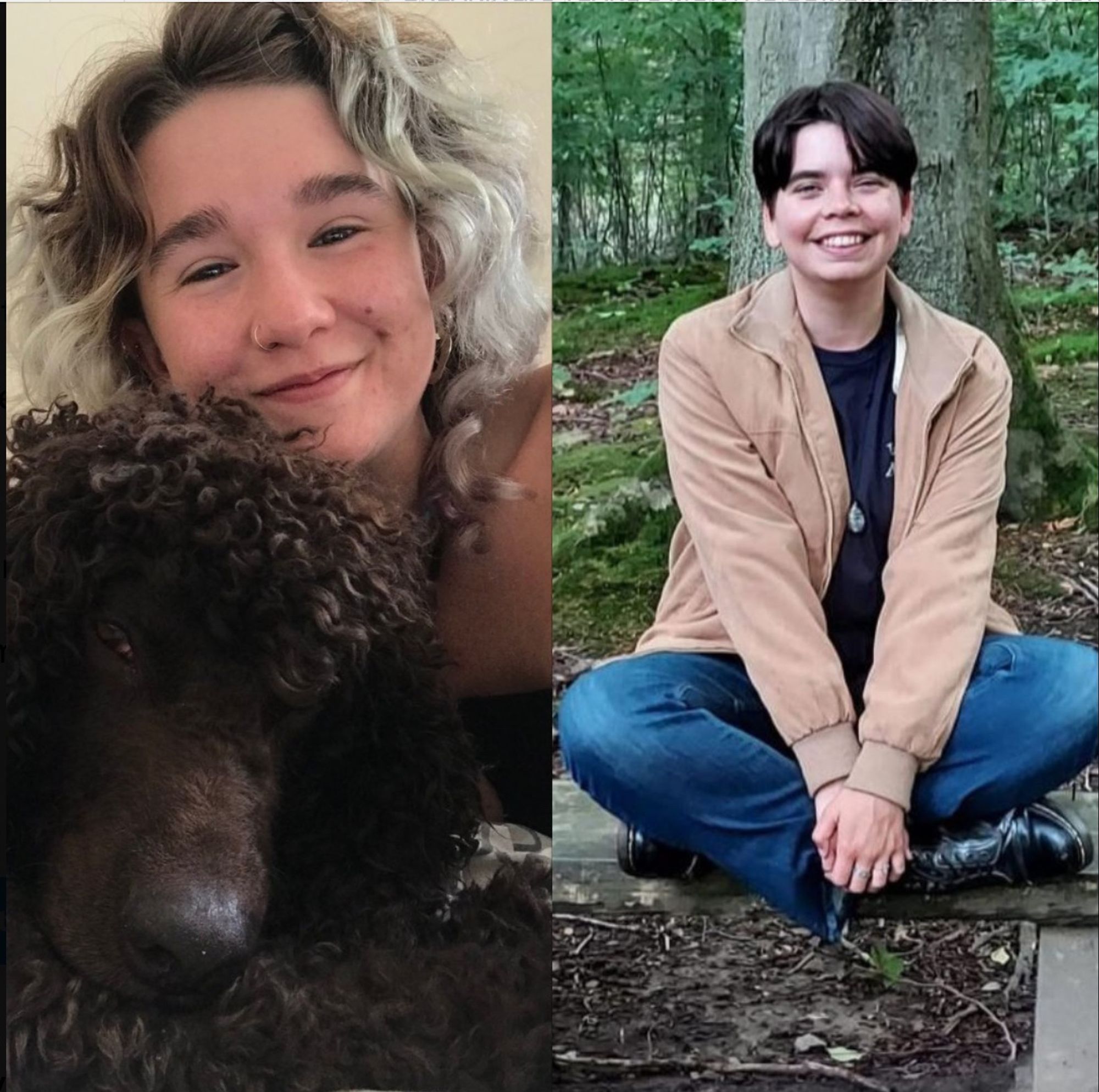 a young woman cuddling a poodle and another young woman sitting cross-legged on the ground, smiling, in a wood