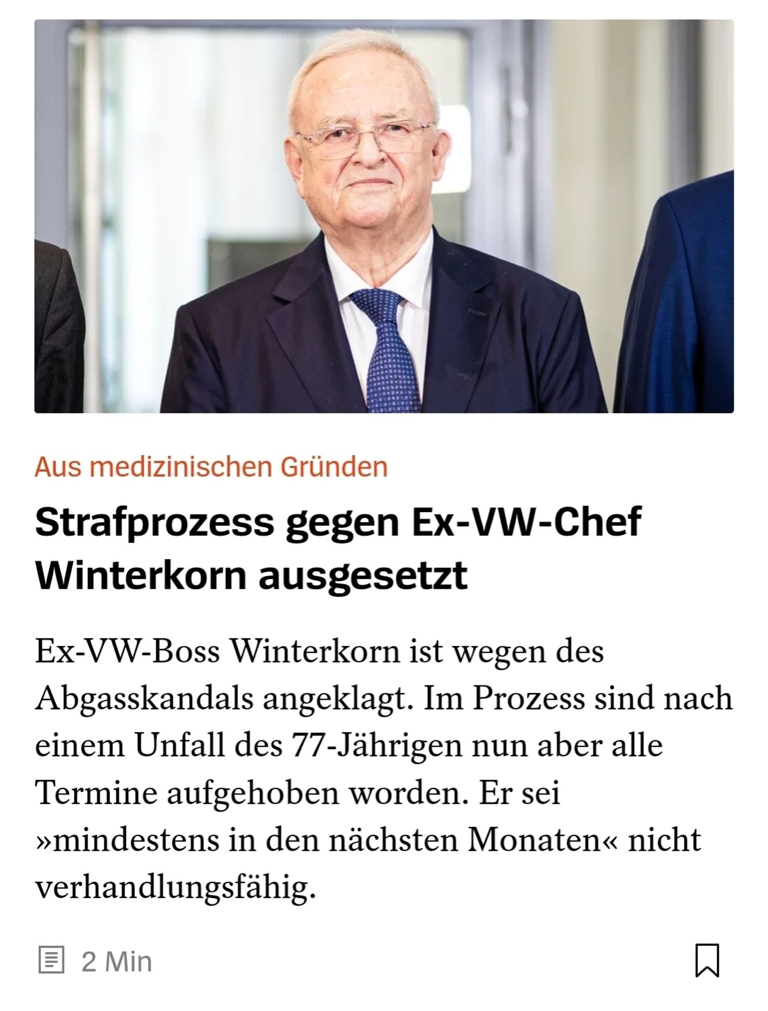 Strafprozess gegen VW Chef Winterkorn aus gesundheitlichen Gründen ausgesetzt