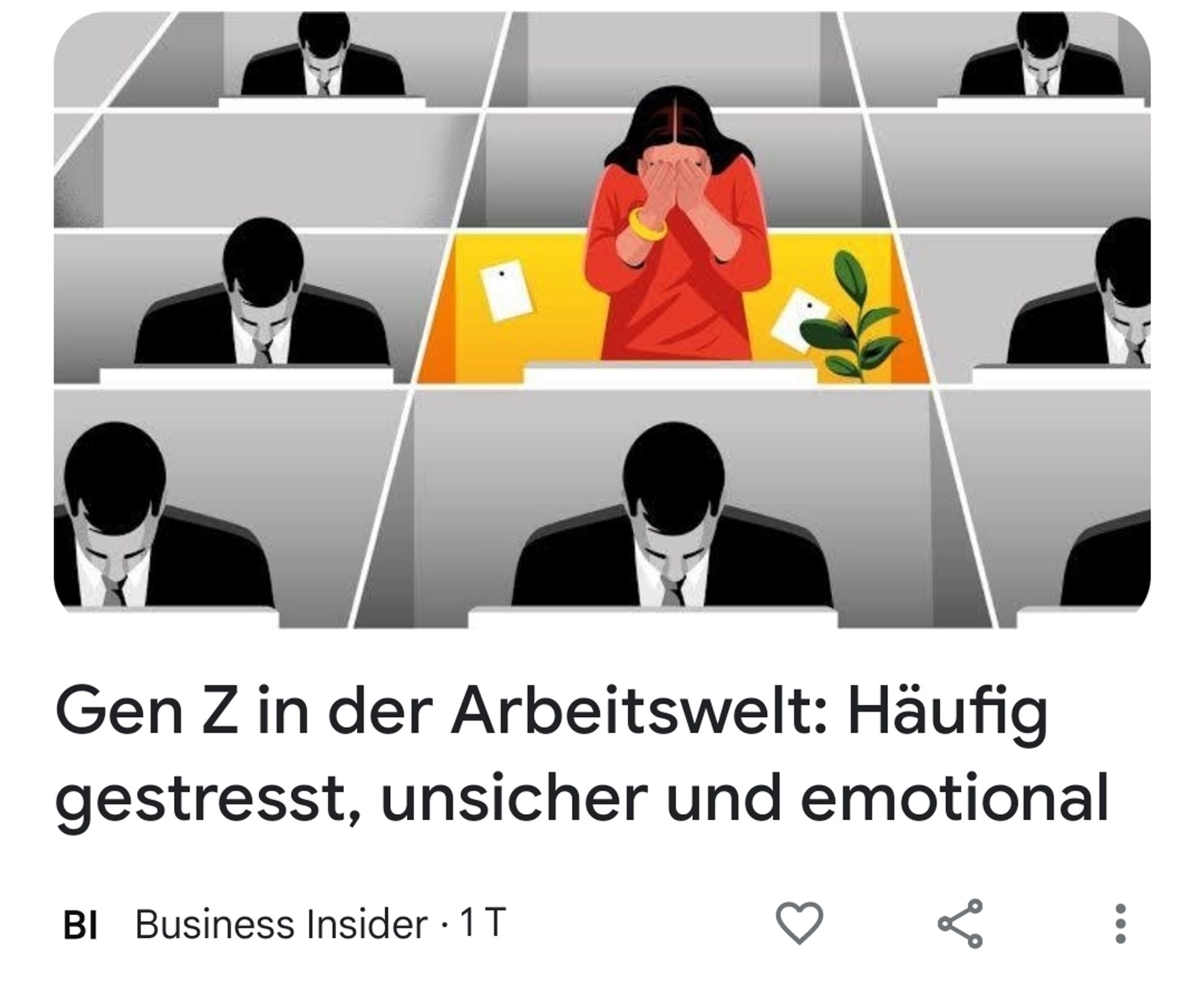 Gen Z in der Arbeitswelt : häufig gestresst, unsicher und emotional.
das Bild zeigt Arbeitsboxen. In der Mitte eine weinende Frau, in rot gekleidet, ihre Box ist bunt. Der Rest ist in schwarzweiß gehalten. Um sie herum 7 Männer in Anzug, arbeitend, mit Blick nach unten