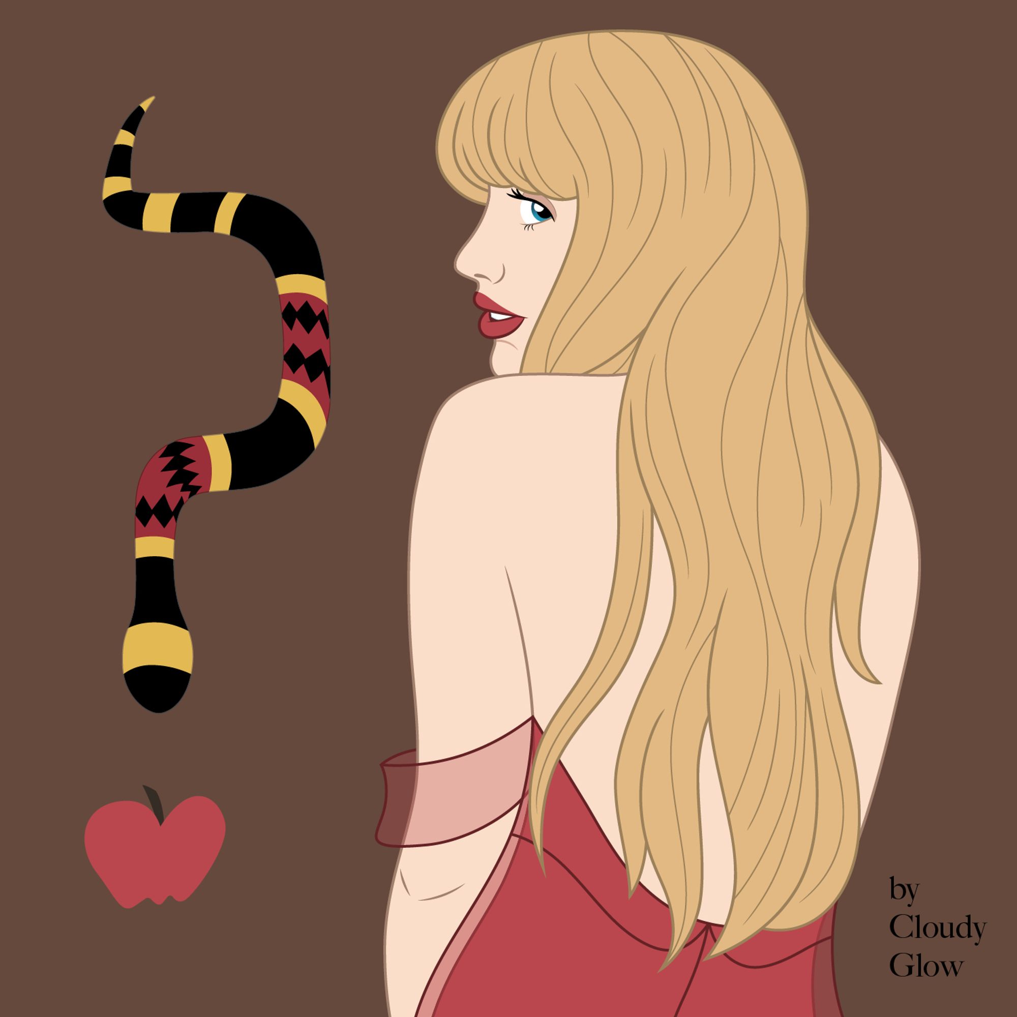 A flat color illustration of Taylor Swift with her back to the viewer and looking over her shoulder at the viewer. Her long blonde hair hangs loose over her back, with some of it over her left shoulder. She wears a red dress that is hanging falling loose on her. It is semi-transparent at parts. There is a Harlequin Coralsnake and a red apple in the shape of a question mark on the left side of the image. The background is a plain warm brown.