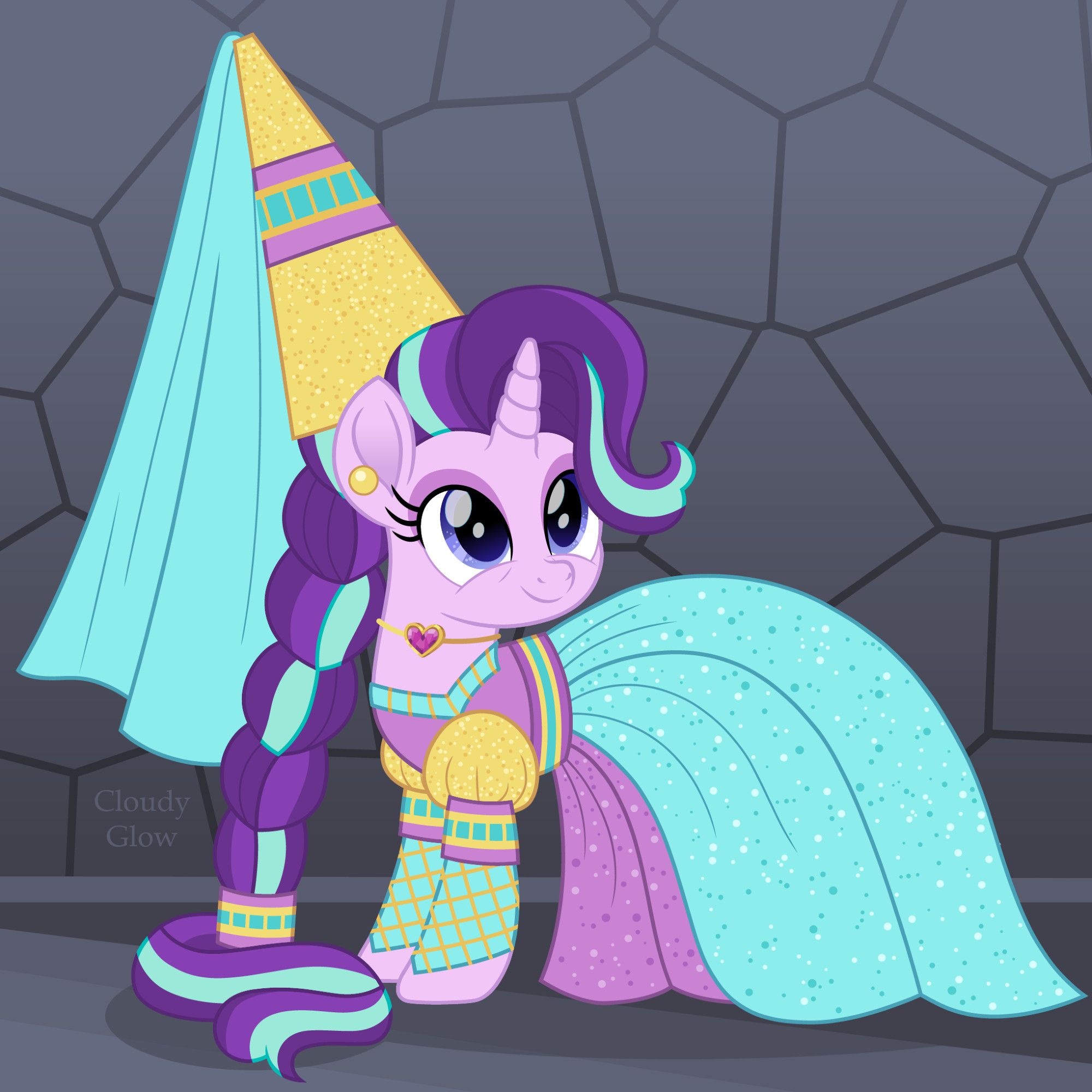 Starlight Glimmer smiling happily so that it crinkles her eyes. She is dressed in sparkling glittered dress of yellow, lilac, and light cyan blue. It has a low squared neckline and the skirts are voluminous, covering her legs and tail. The sleeves have a puffy round top and end with gold netting over long blue sleeves. Starlight wears a gold choker necklace with a pink crystal heart in the center. She wears a round yellow gold earring in the lower part of her ear. She wears a glittered yellow hennin with lilac and cyan details. It has a long cyan blue veil coming from the top.  Starlight’s bangs are styled in her reformed mane style, while the hair of her extra long mane is tucked up into the hennin, except for a floor length braid that spills out. The background is a gray stone wall and gray slab floor of a castle.