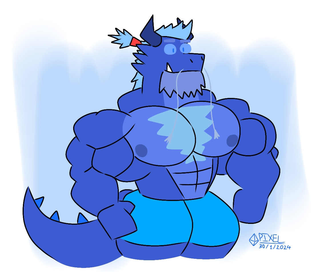 A blue muscular dragon smiling wearing blue pant