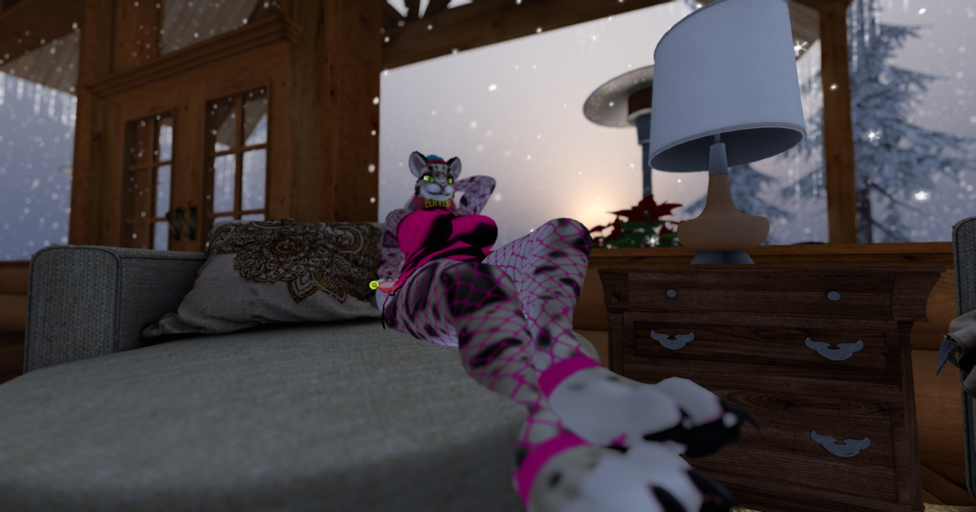 Cheetah avatar with pink fishnets, pink and black blouse lounging on a lodge sofa holding a cocktail glass