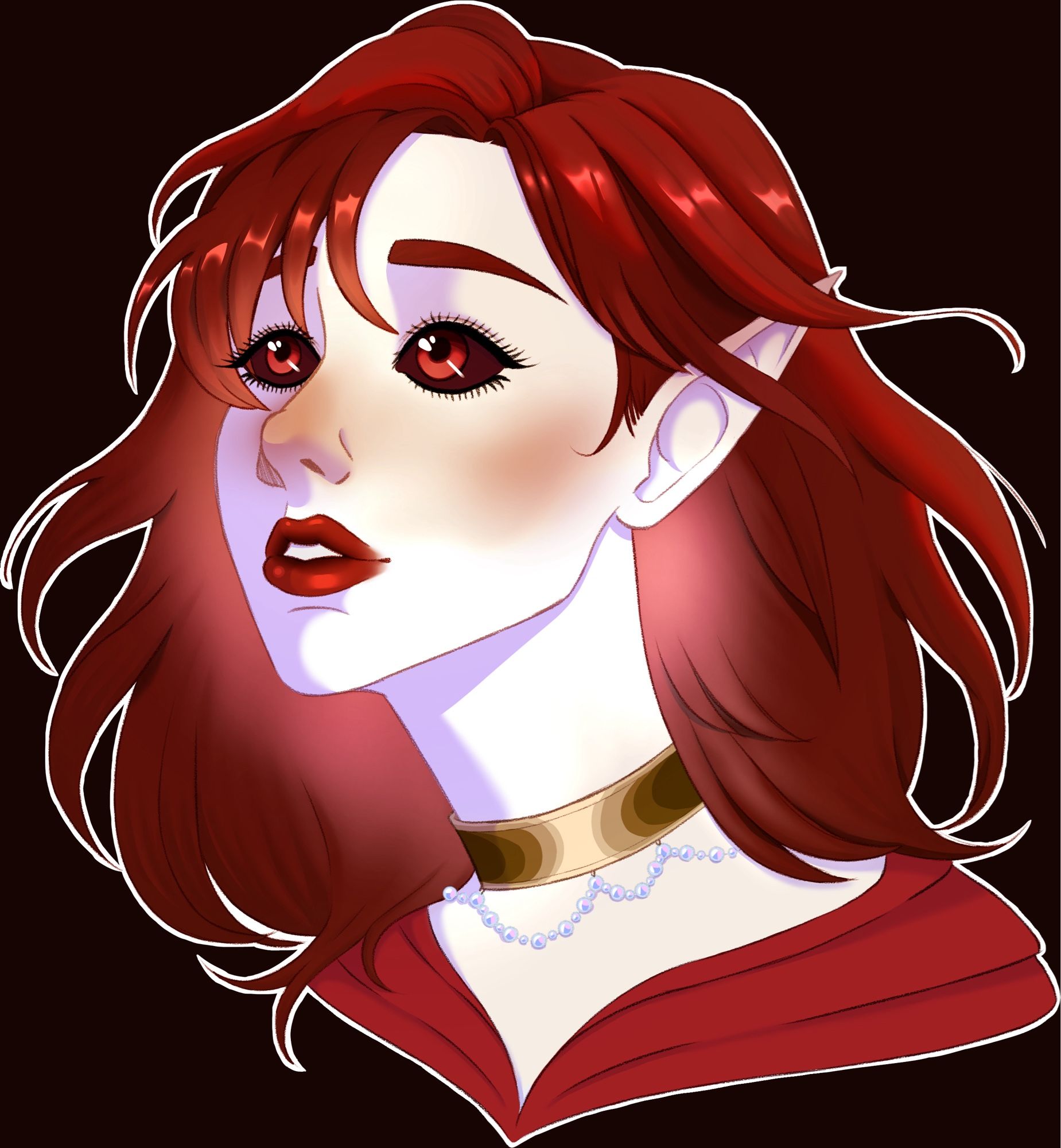 Portrait of a pale skinned elf. She has red hair, lips, and eyes. The white of her eyes are darker red. She wears a gold choker with pearls hanging off of it. Her skin glows faintly and her hair is windswept.