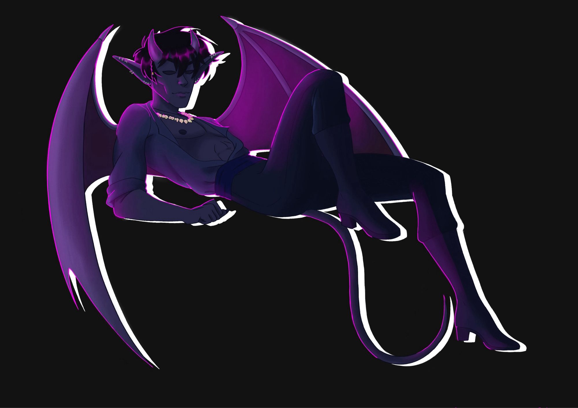 Amphitere. Pin up of a man with dark purple skin, dark hair, and large wings and short horns coming from his forehead. He wears a necklace of teeth, a dark open shirt, and dark pants that tie around his mid waist. Also wearing leather boots with about a 2 inch heel. He also has a long tail that flows under him.