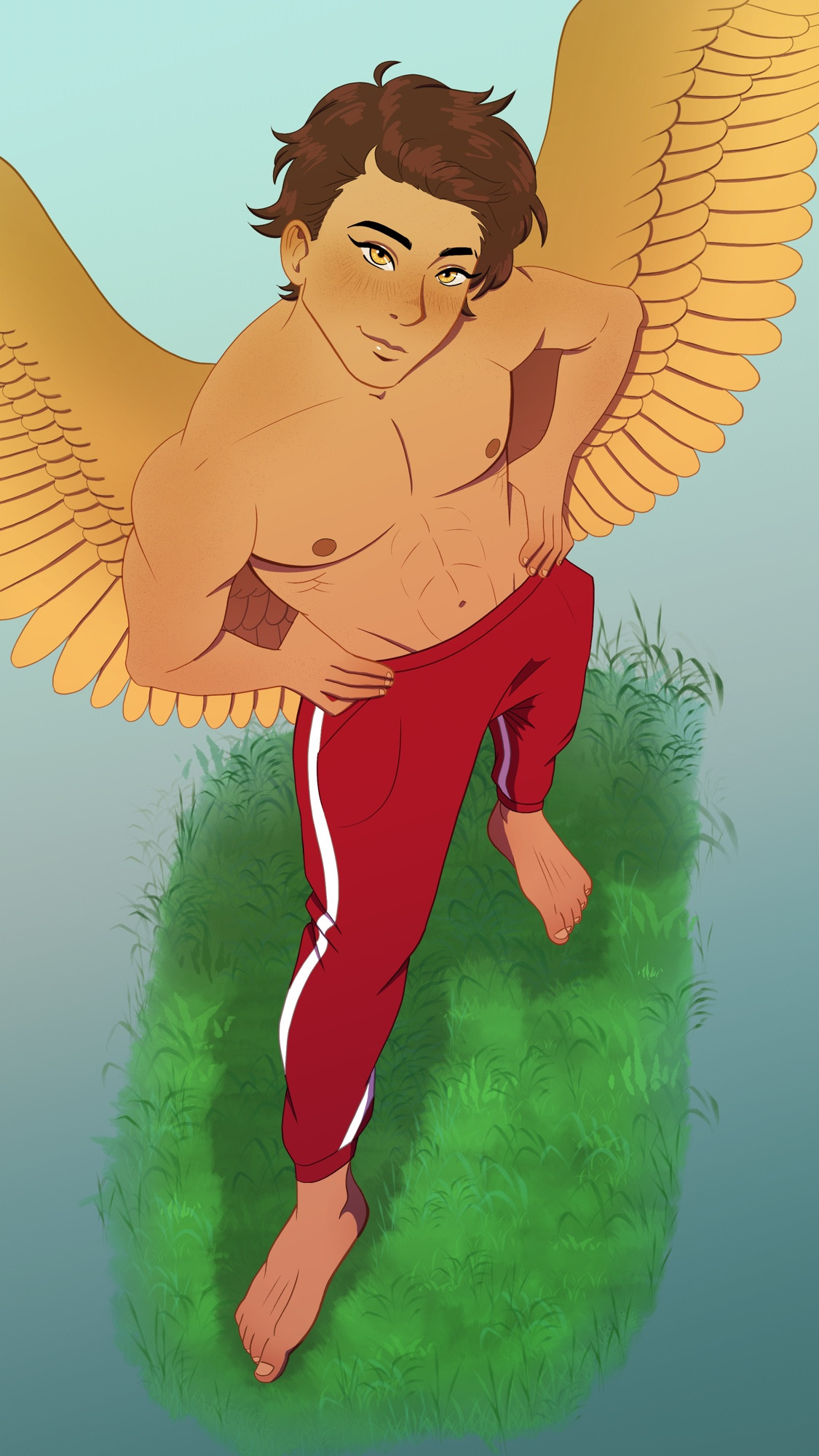 Downward view of Soren. Standing looking up at the viewer with hands on hips, shirtless and wearing red sweats. He has tan skin and dark brown hair with golden eyes, and two large wings coming from his back.