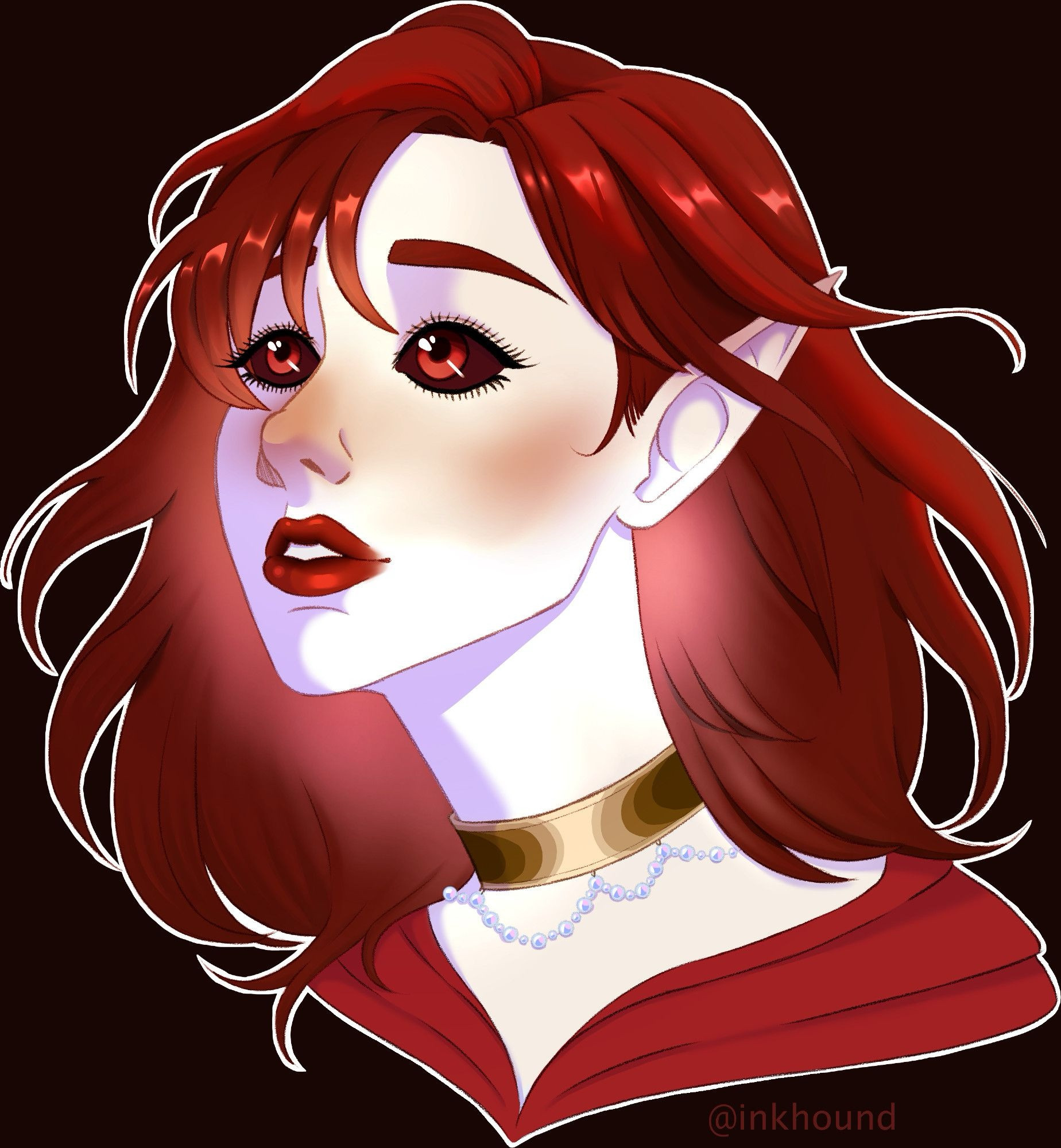 Delphine Cygni. Portrait, she has pale glowing skin and pointed ears with some color in her cheeks and on her nose and tips of her ears. She has ruby red lips that match her hair and hood. She wears a gold choker with a string of pearls around it. Her eyes are deep red with brighter red irises.